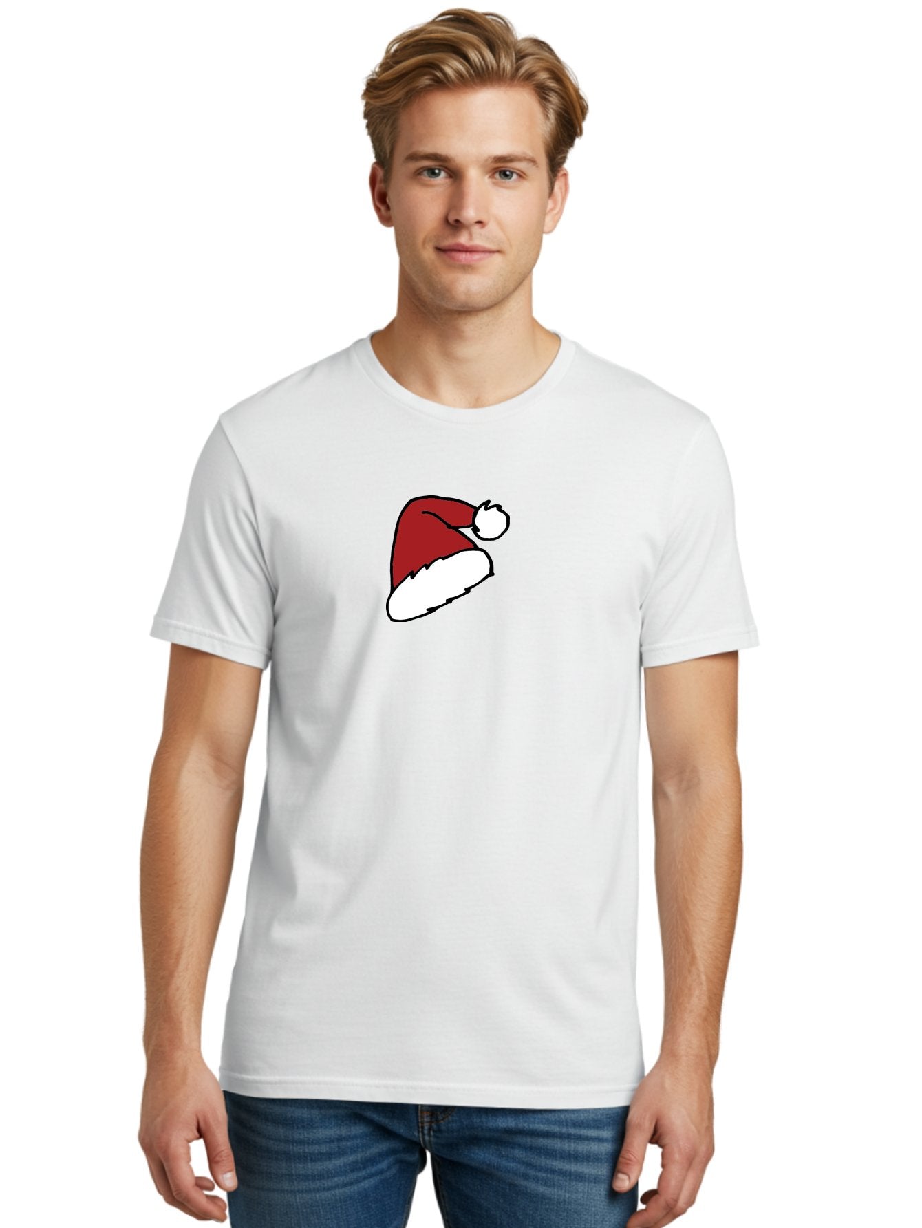 Santa-Hat Men'S Graphic Tee, 100% Cotton, Comfortable Casual Summer Wear, Machine Washable, Red And White Santa Hat, Christmas Accessory, Festive Headwear, Holiday Symbol, Cartoon Illustration, Winter Wear, Seasonal Decoration Aab095 17