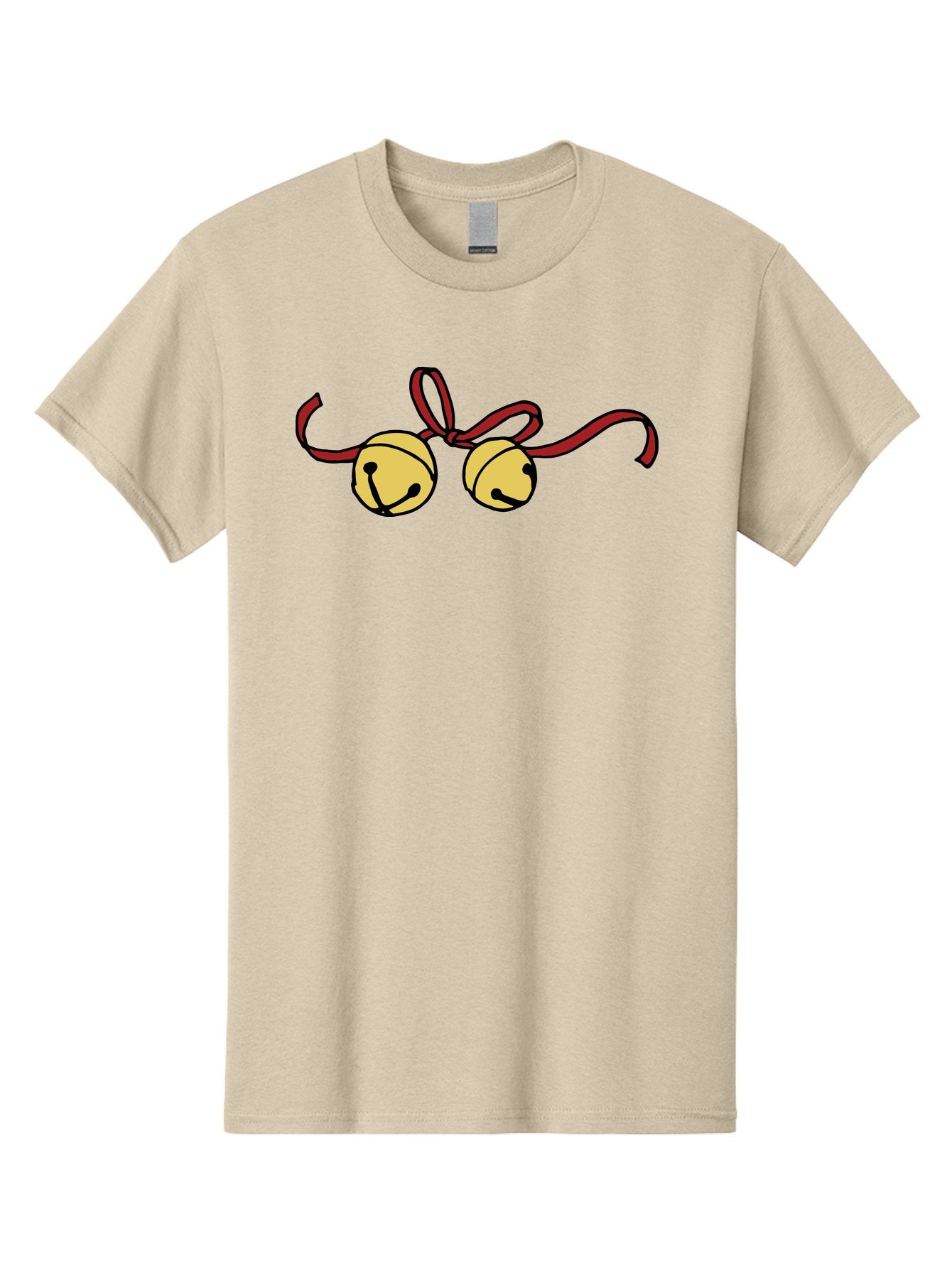 Sleigh-Bells Men'S Graphic Tee, 100% Cotton, Comfortable Casual Summer Wear, Machine Washable, Sleigh Bells, Jingle Bells, Red Ribbon, Festive Decor, Christmas Decorations, Holiday Cheer, Winter Wonderland, Cartoon Illustration, Yellow Bells Aab107