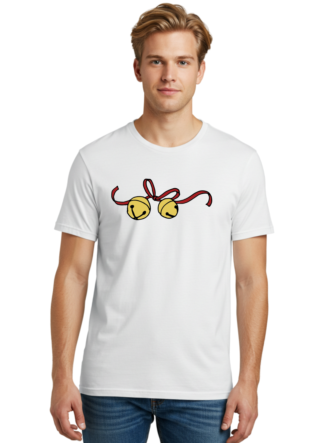 Sleigh-Bells Men'S Graphic Tee, 100% Cotton, Comfortable Casual Summer Wear, Machine Washable, Sleigh Bells, Jingle Bells, Red Ribbon, Festive Decor, Christmas Decorations, Holiday Cheer, Winter Wonderland, Cartoon Illustration, Yellow Bells Aab107 10