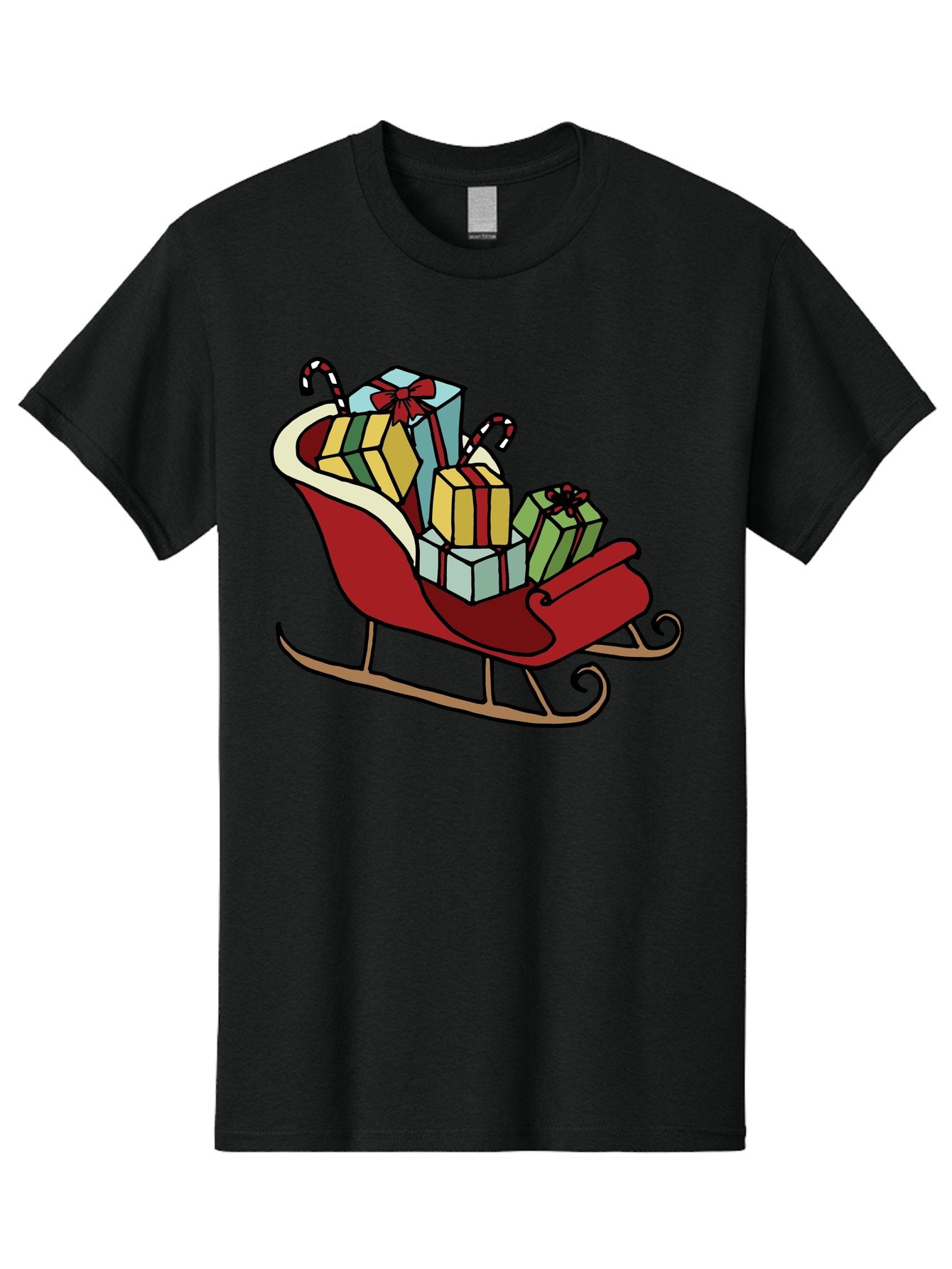 Sleigh-With-Gifts Men'S Graphic Tee, 100% Cotton, Comfortable Casual Summer Wear, Machine Washable, Christmas Gifts, Wrapped Presents, Red Sleigh, Holiday Decorations, Candy Canes, Festive Atmosphere, Winter Season, Joyful Spirit, Gift Giving, Aab108 4