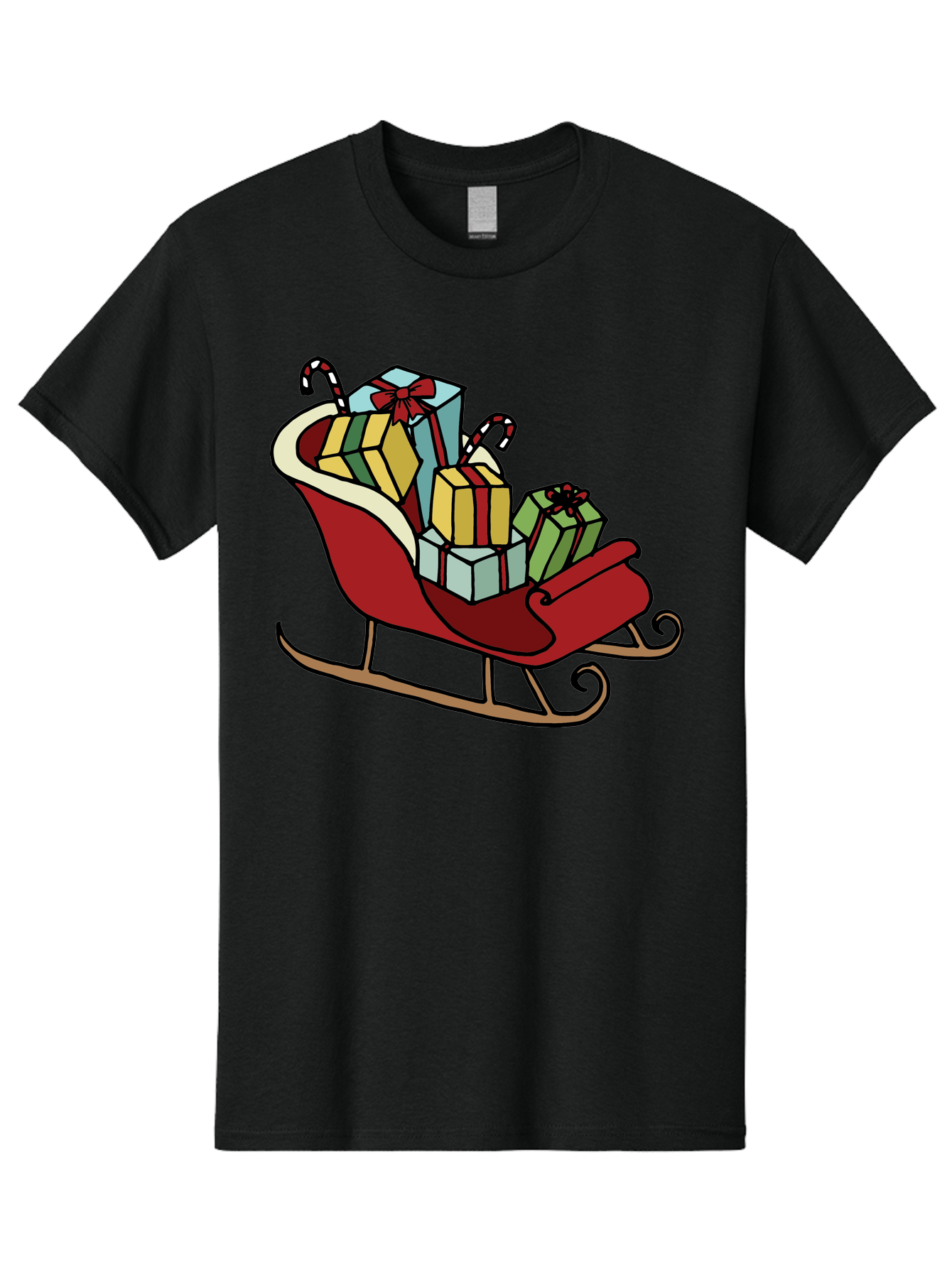 Sleigh-With-Gifts Men'S Graphic Tee, 100% Cotton, Comfortable Casual Summer Wear, Machine Washable, Christmas Gifts, Wrapped Presents, Red Sleigh, Holiday Decorations, Candy Canes, Festive Atmosphere, Winter Season, Joyful Spirit, Gift Giving, Aab108