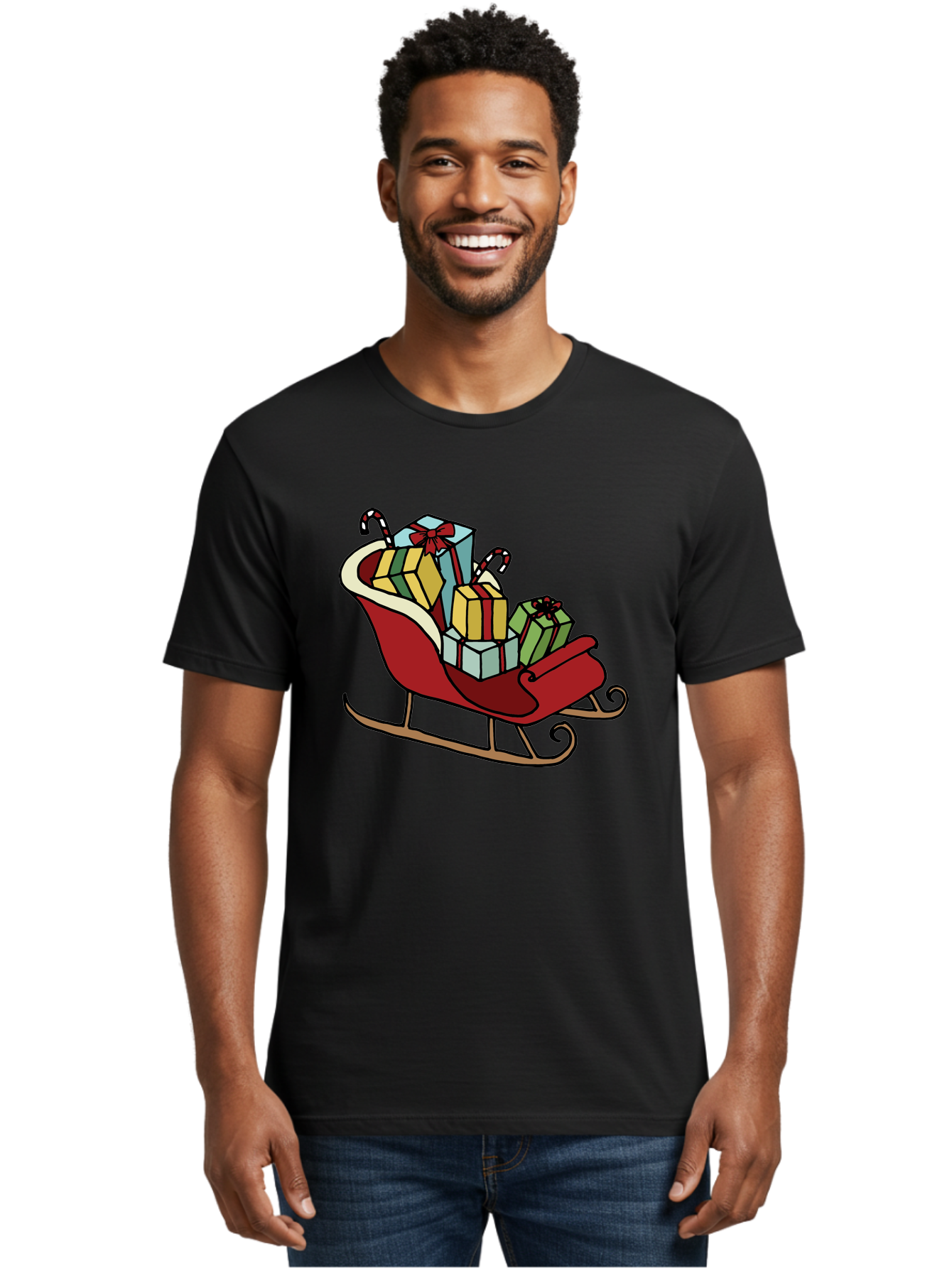 Sleigh-With-Gifts Men'S Graphic Tee, 100% Cotton, Comfortable Casual Summer Wear, Machine Washable, Christmas Gifts, Wrapped Presents, Red Sleigh, Holiday Decorations, Candy Canes, Festive Atmosphere, Winter Season, Joyful Spirit, Gift Giving, Aab108