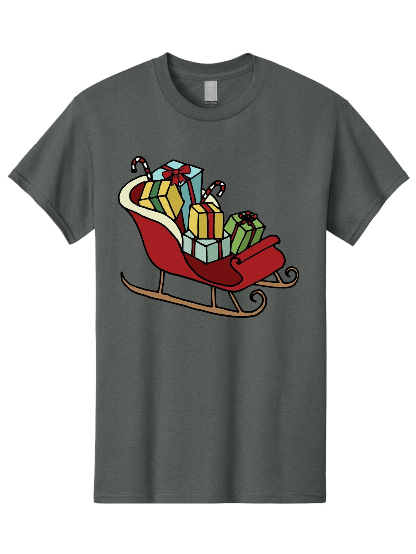 Sleigh-With-Gifts Men'S Graphic Tee, 100% Cotton, Comfortable Casual Summer Wear, Machine Washable, Christmas Gifts, Wrapped Presents, Red Sleigh, Holiday Decorations, Candy Canes, Festive Atmosphere, Winter Season, Joyful Spirit, Gift Giving, Aab108 15