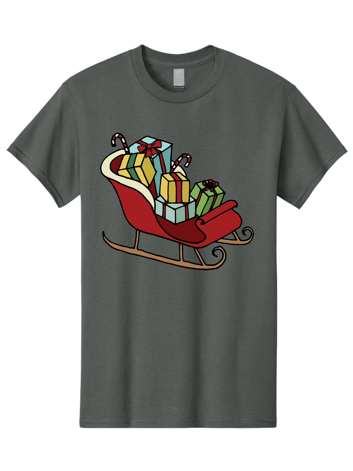 Sleigh-With-Gifts Men'S Graphic Tee, 100% Cotton, Comfortable Casual Summer Wear, Machine Washable, Christmas Gifts, Wrapped Presents, Red Sleigh, Holiday Decorations, Candy Canes, Festive Atmosphere, Winter Season, Joyful Spirit, Gift Giving, Aab108