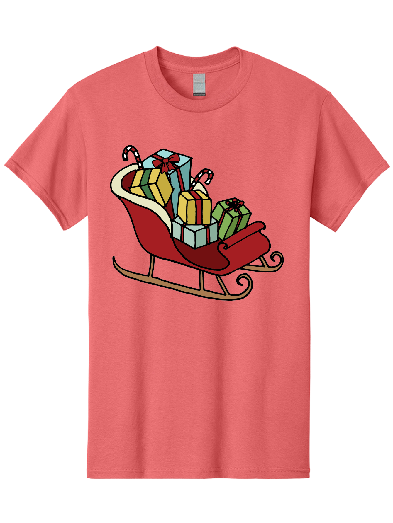 Sleigh-With-Gifts Men'S Graphic Tee, 100% Cotton, Comfortable Casual Summer Wear, Machine Washable, Christmas Gifts, Wrapped Presents, Red Sleigh, Holiday Decorations, Candy Canes, Festive Atmosphere, Winter Season, Joyful Spirit, Gift Giving, Aab108 27
