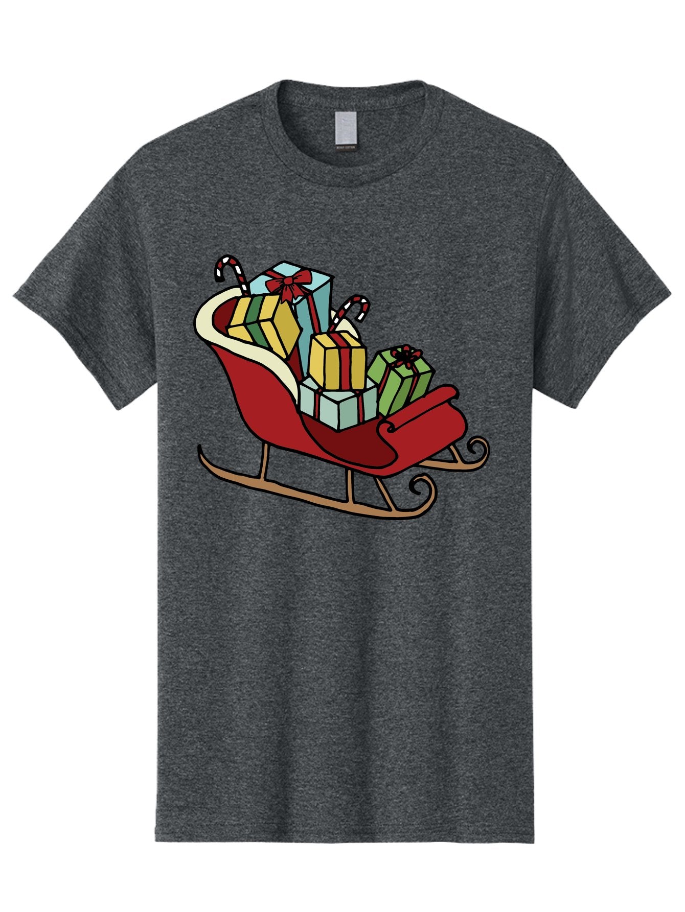 Sleigh-With-Gifts Men'S Graphic Tee, 100% Cotton, Comfortable Casual Summer Wear, Machine Washable, Christmas Gifts, Wrapped Presents, Red Sleigh, Holiday Decorations, Candy Canes, Festive Atmosphere, Winter Season, Joyful Spirit, Gift Giving, Aab108 8