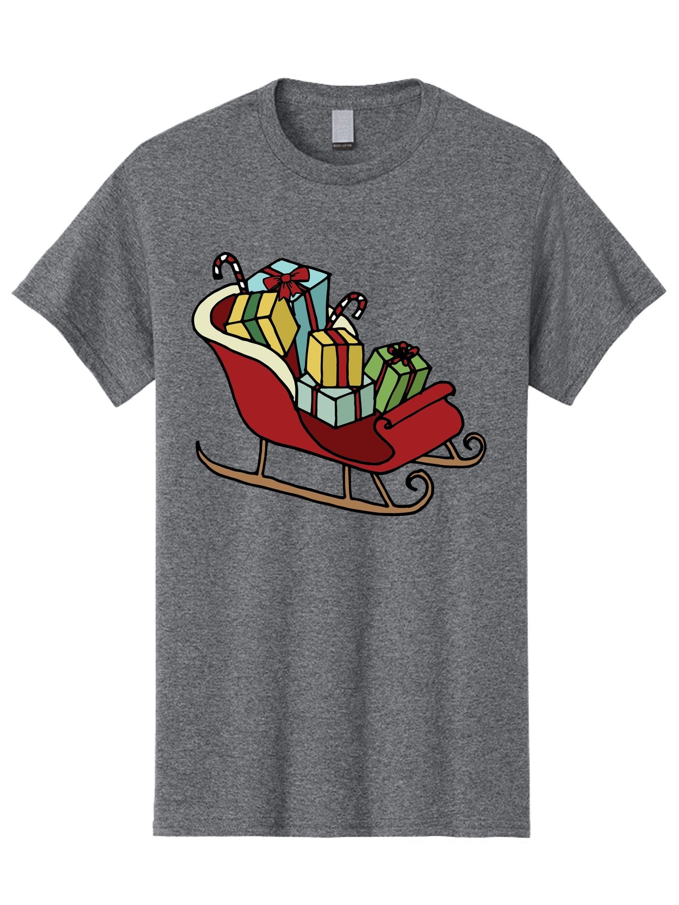 Sleigh-With-Gifts Men'S Graphic Tee, 100% Cotton, Comfortable Casual Summer Wear, Machine Washable, Christmas Gifts, Wrapped Presents, Red Sleigh, Holiday Decorations, Candy Canes, Festive Atmosphere, Winter Season, Joyful Spirit, Gift Giving, Aab108 5