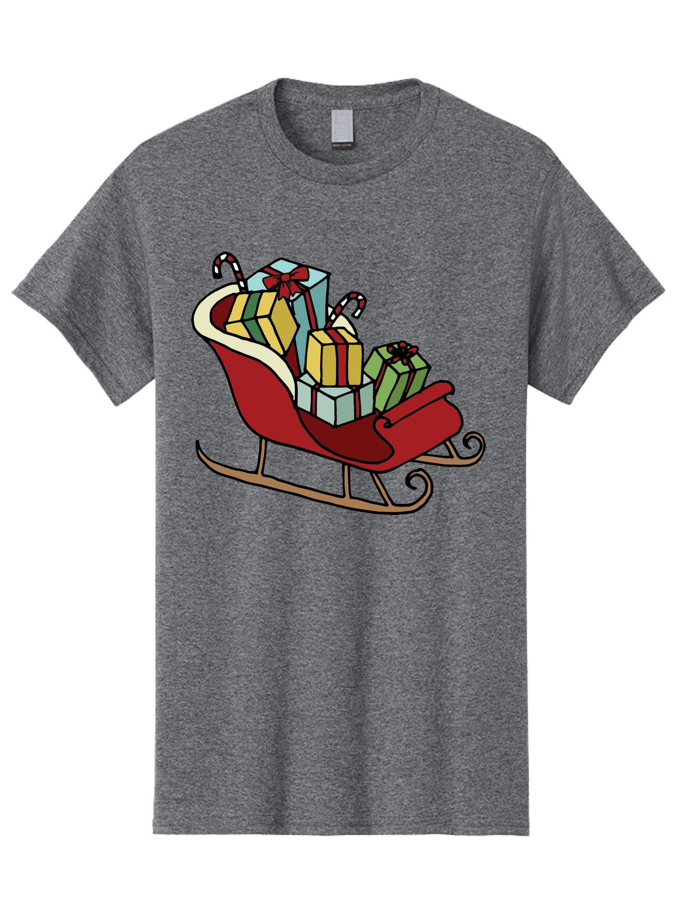 Sleigh-With-Gifts Men'S Graphic Tee, 100% Cotton, Comfortable Casual Summer Wear, Machine Washable, Christmas Gifts, Wrapped Presents, Red Sleigh, Holiday Decorations, Candy Canes, Festive Atmosphere, Winter Season, Joyful Spirit, Gift Giving, Aab108 15