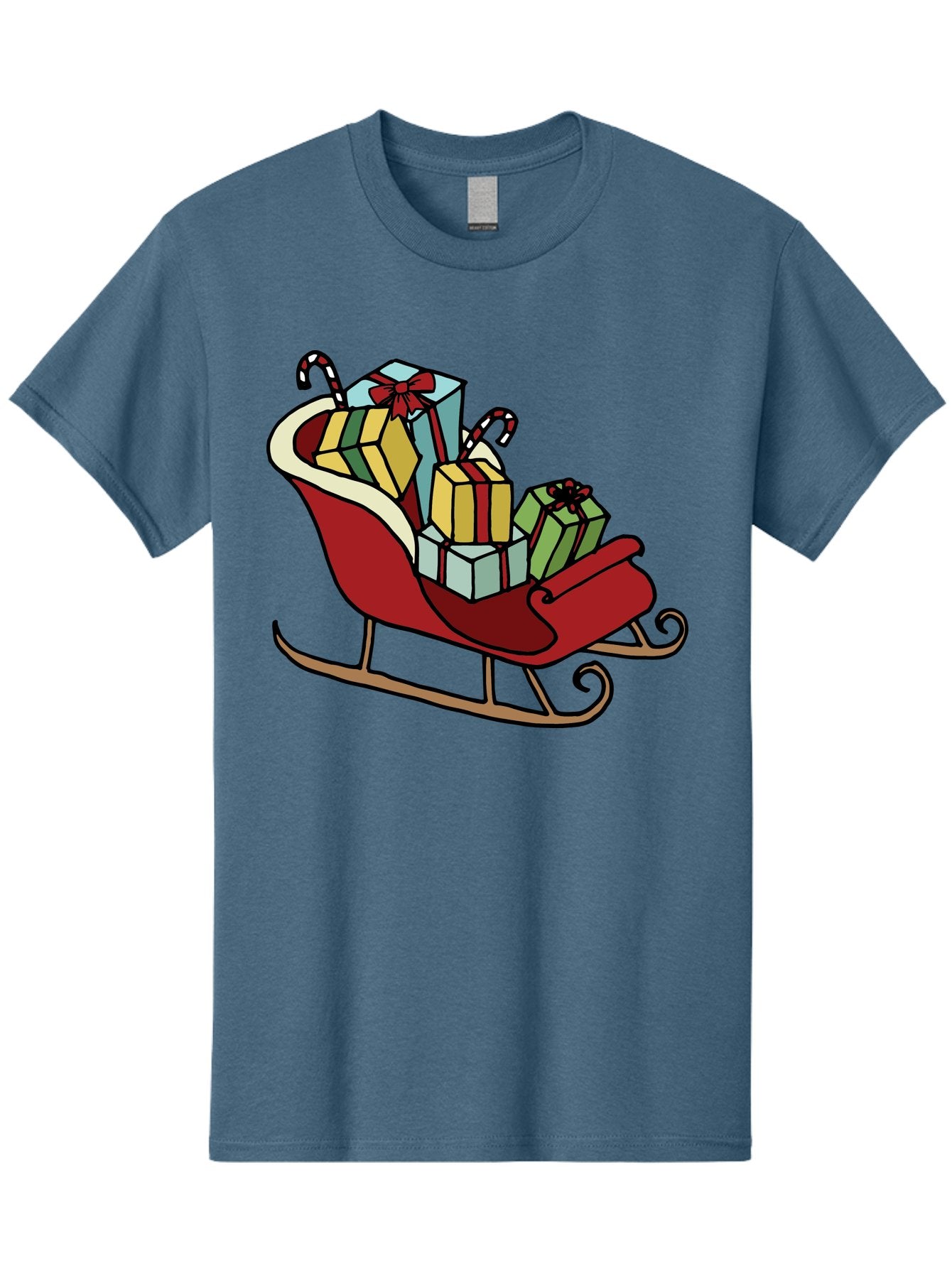 Sleigh-With-Gifts Men'S Graphic Tee, 100% Cotton, Comfortable Casual Summer Wear, Machine Washable, Christmas Gifts, Wrapped Presents, Red Sleigh, Holiday Decorations, Candy Canes, Festive Atmosphere, Winter Season, Joyful Spirit, Gift Giving, Aab108 6