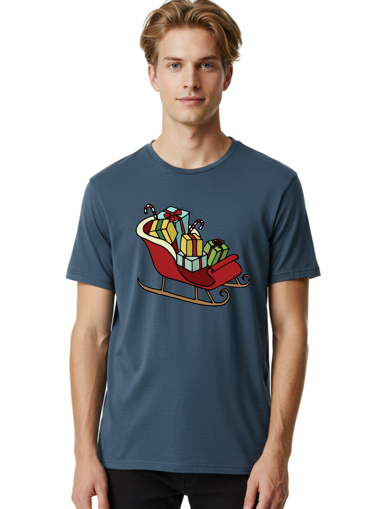 Sleigh-With-Gifts Men'S Graphic Tee, 100% Cotton, Comfortable Casual Summer Wear, Machine Washable, Christmas Gifts, Wrapped Presents, Red Sleigh, Holiday Decorations, Candy Canes, Festive Atmosphere, Winter Season, Joyful Spirit, Gift Giving, Aab108 14