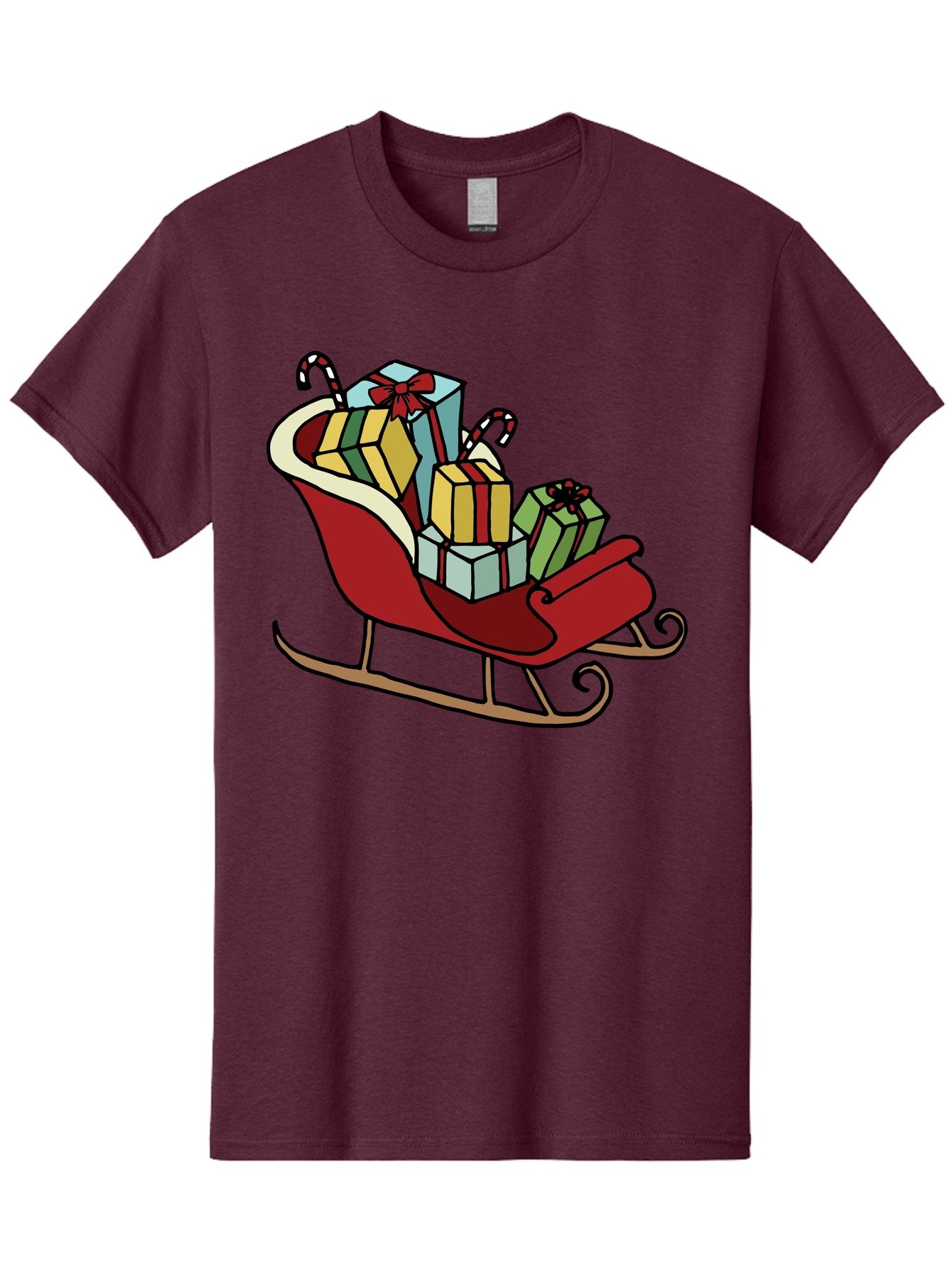 Sleigh-With-Gifts Men'S Graphic Tee, 100% Cotton, Comfortable Casual Summer Wear, Machine Washable, Christmas Gifts, Wrapped Presents, Red Sleigh, Holiday Decorations, Candy Canes, Festive Atmosphere, Winter Season, Joyful Spirit, Gift Giving, Aab108