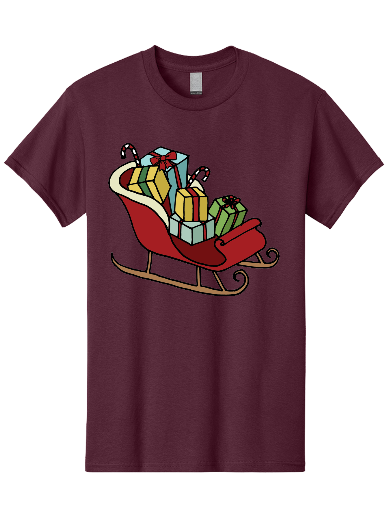 Sleigh-With-Gifts Men'S Graphic Tee, 100% Cotton, Comfortable Casual Summer Wear, Machine Washable, Christmas Gifts, Wrapped Presents, Red Sleigh, Holiday Decorations, Candy Canes, Festive Atmosphere, Winter Season, Joyful Spirit, Gift Giving, Aab108 21