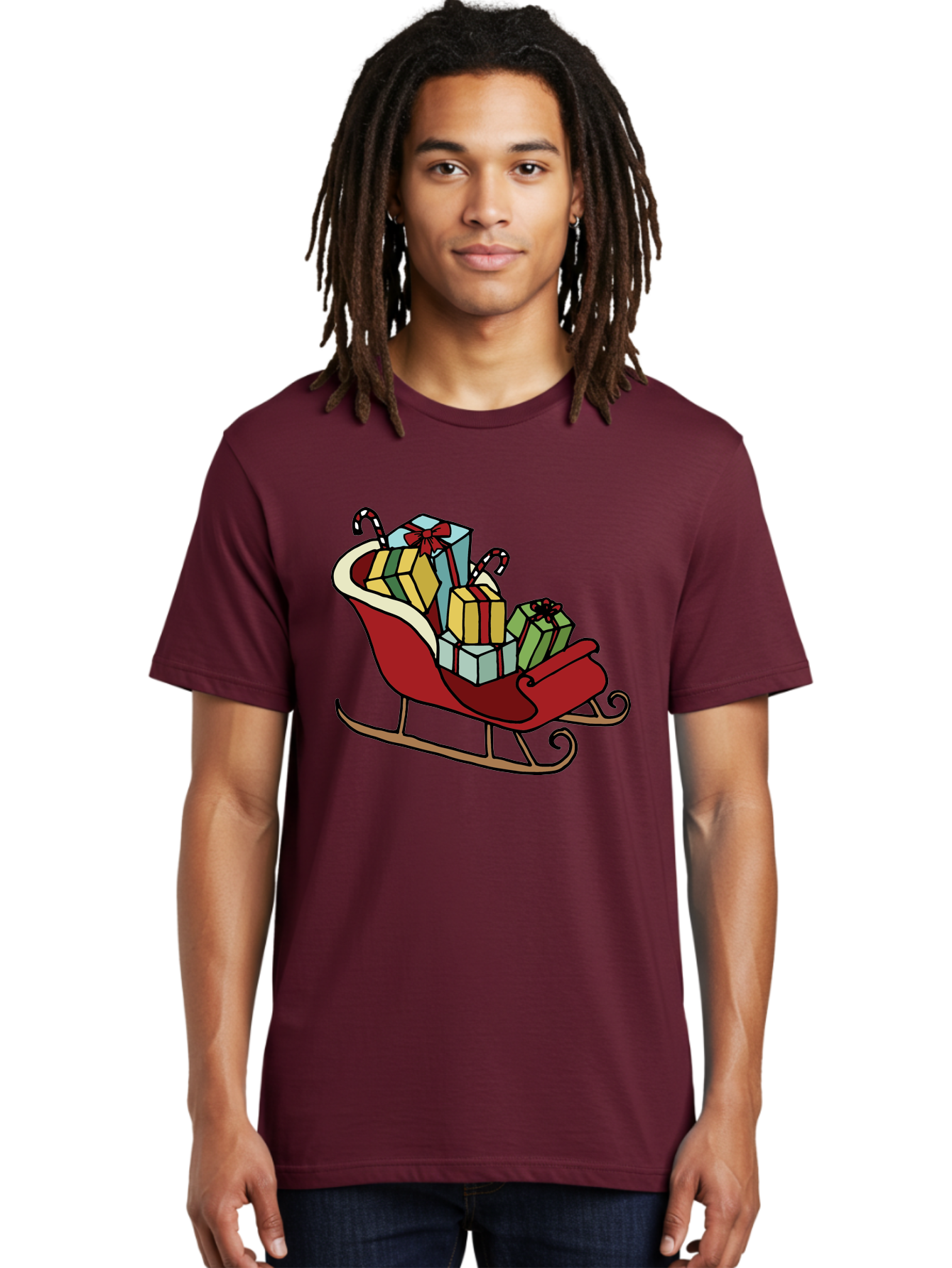 Sleigh-With-Gifts Men'S Graphic Tee, 100% Cotton, Comfortable Casual Summer Wear, Machine Washable, Christmas Gifts, Wrapped Presents, Red Sleigh, Holiday Decorations, Candy Canes, Festive Atmosphere, Winter Season, Joyful Spirit, Gift Giving, Aab108 22