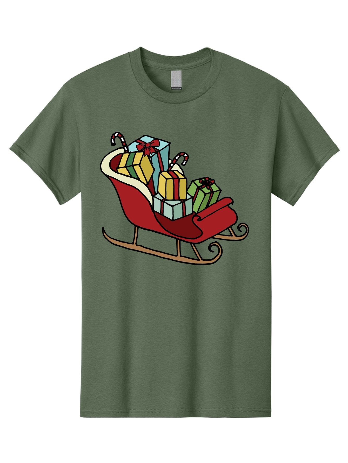 Sleigh-With-Gifts Men'S Graphic Tee, 100% Cotton, Comfortable Casual Summer Wear, Machine Washable, Christmas Gifts, Wrapped Presents, Red Sleigh, Holiday Decorations, Candy Canes, Festive Atmosphere, Winter Season, Joyful Spirit, Gift Giving, Aab108 13
