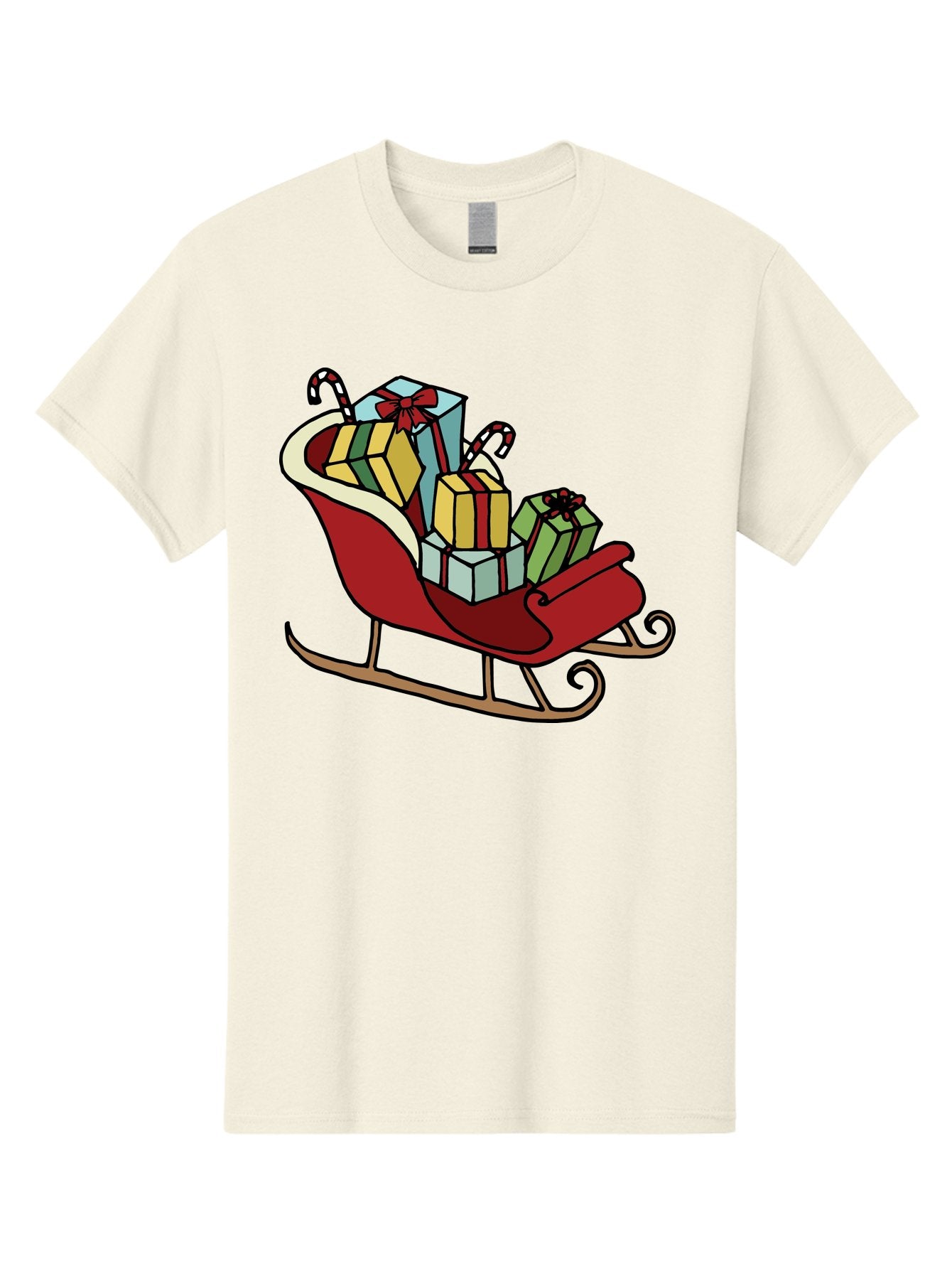 Sleigh-With-Gifts Men'S Graphic Tee, 100% Cotton, Comfortable Casual Summer Wear, Machine Washable, Christmas Gifts, Wrapped Presents, Red Sleigh, Holiday Decorations, Candy Canes, Festive Atmosphere, Winter Season, Joyful Spirit, Gift Giving, Aab108 12