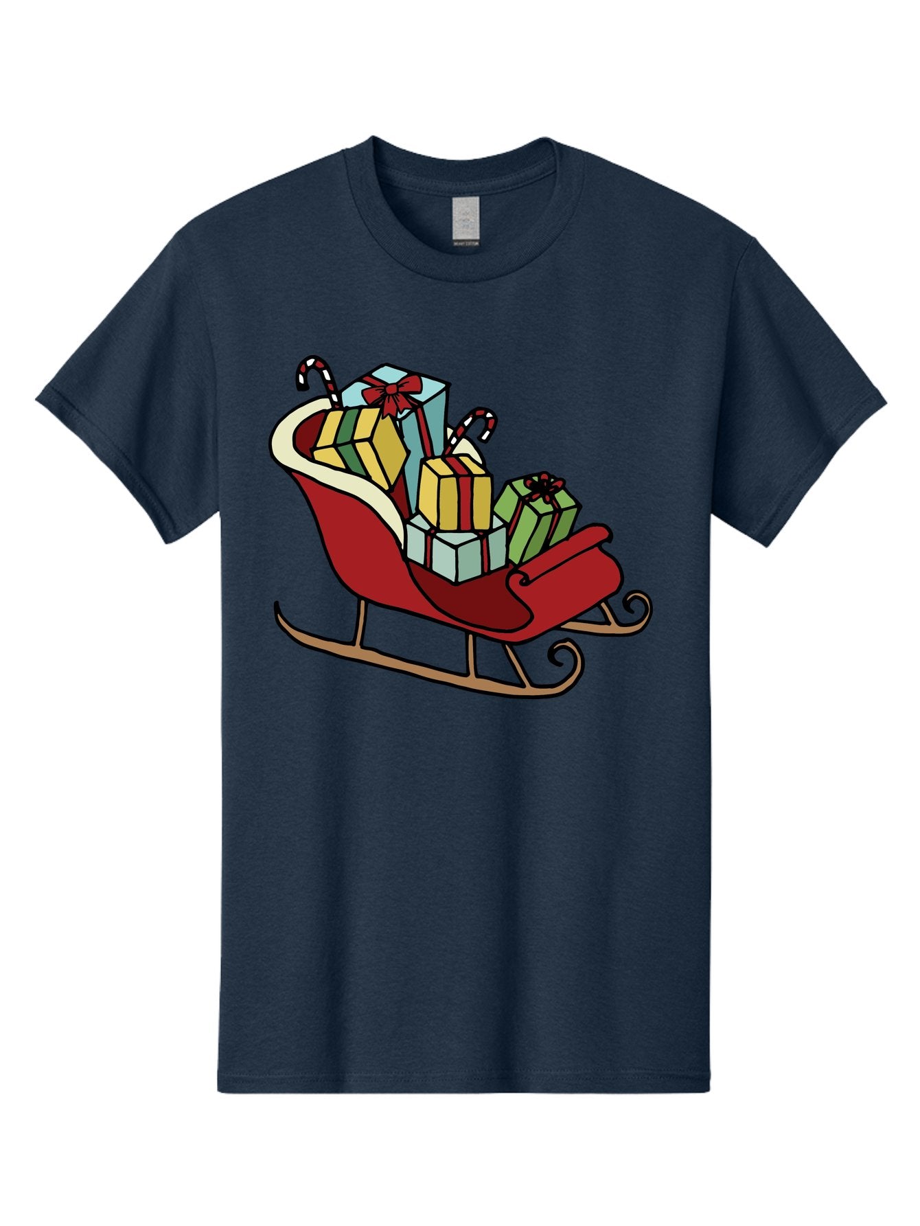 Sleigh-With-Gifts Men'S Graphic Tee, 100% Cotton, Comfortable Casual Summer Wear, Machine Washable, Christmas Gifts, Wrapped Presents, Red Sleigh, Holiday Decorations, Candy Canes, Festive Atmosphere, Winter Season, Joyful Spirit, Gift Giving, Aab108 14