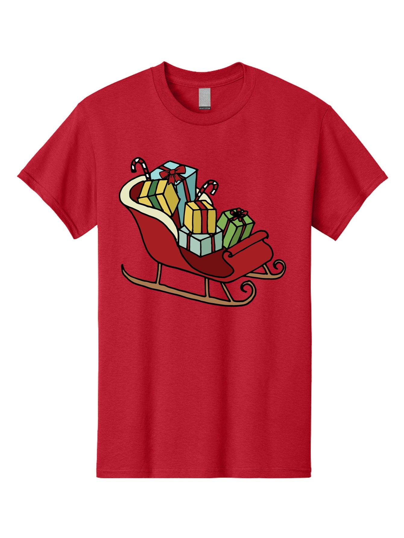 Sleigh-With-Gifts Men'S Graphic Tee, 100% Cotton, Comfortable Casual Summer Wear, Machine Washable, Christmas Gifts, Wrapped Presents, Red Sleigh, Holiday Decorations, Candy Canes, Festive Atmosphere, Winter Season, Joyful Spirit, Gift Giving, Aab108 9
