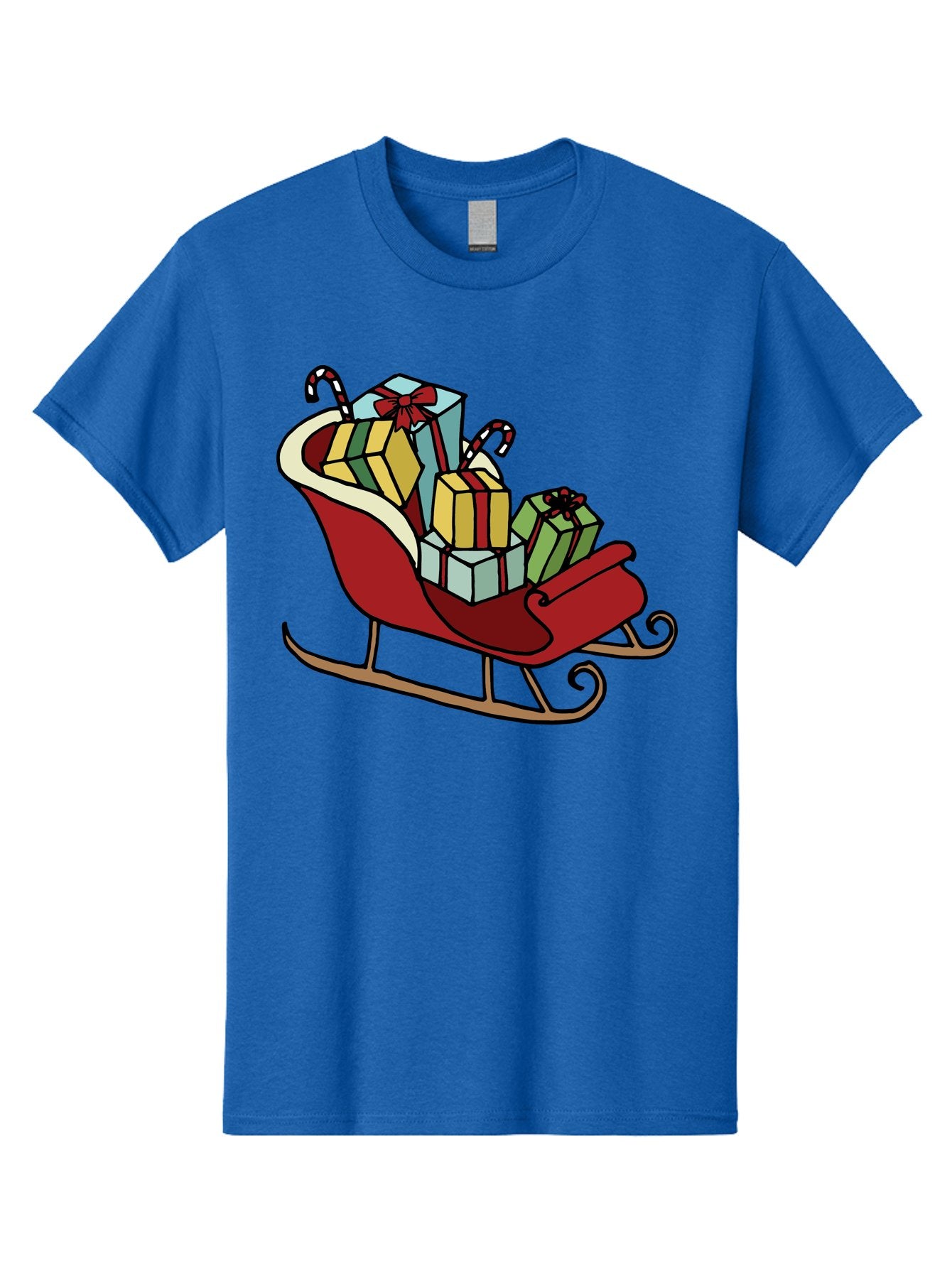 Sleigh-With-Gifts Men'S Graphic Tee, 100% Cotton, Comfortable Casual Summer Wear, Machine Washable, Christmas Gifts, Wrapped Presents, Red Sleigh, Holiday Decorations, Candy Canes, Festive Atmosphere, Winter Season, Joyful Spirit, Gift Giving, Aab108 11