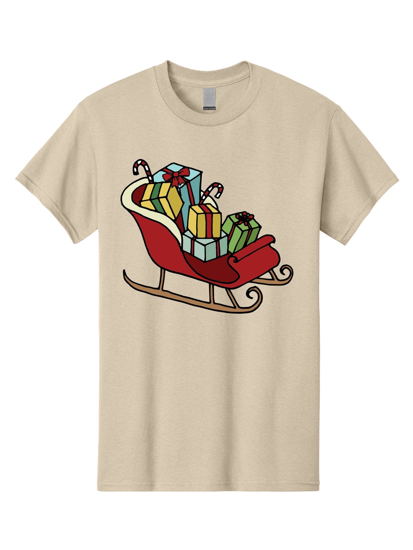 Sleigh-With-Gifts Men'S Graphic Tee, 100% Cotton, Comfortable Casual Summer Wear, Machine Washable, Christmas Gifts, Wrapped Presents, Red Sleigh, Holiday Decorations, Candy Canes, Festive Atmosphere, Winter Season, Joyful Spirit, Gift Giving, Aab108 3