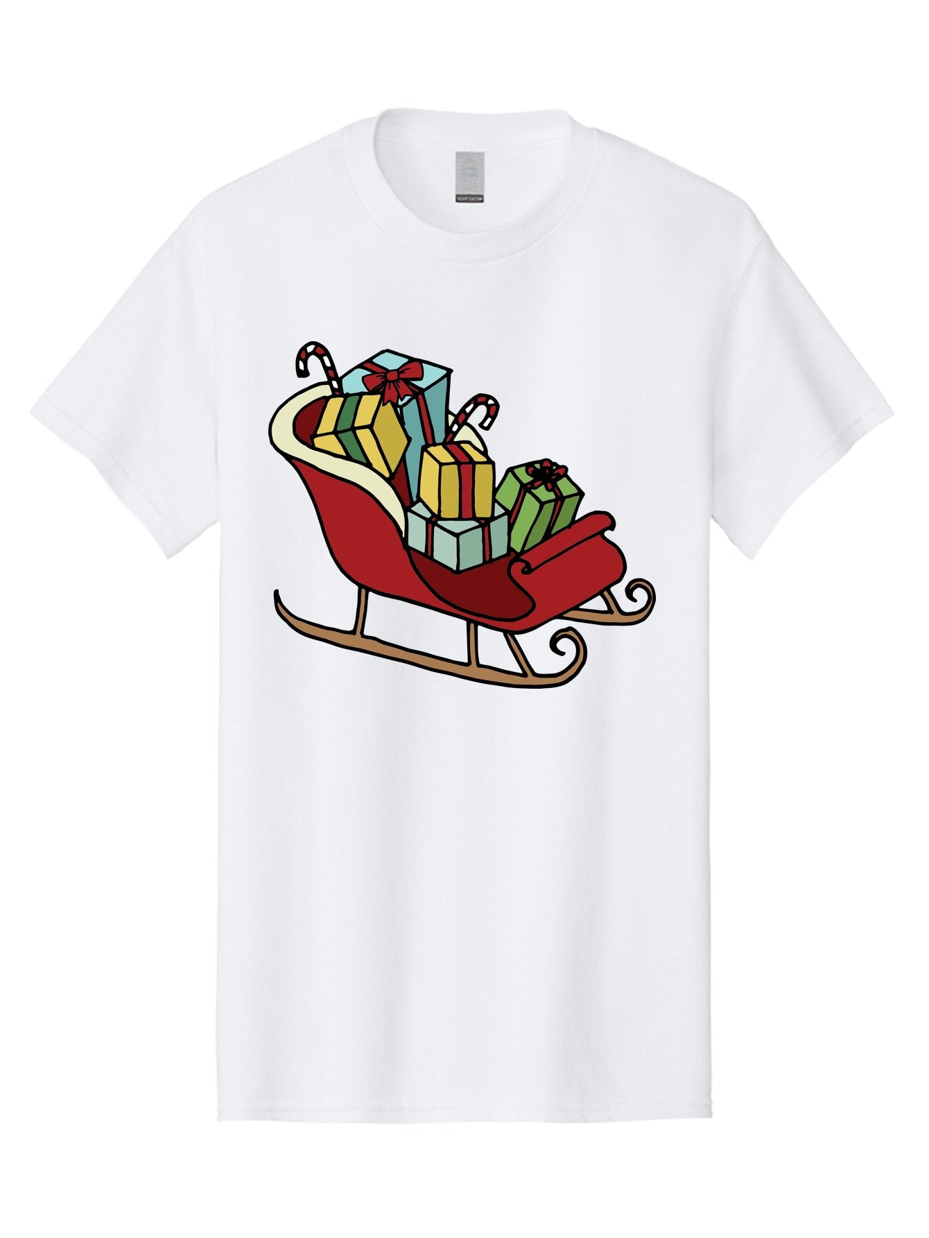 Sleigh-With-Gifts Men'S Graphic Tee, 100% Cotton, Comfortable Casual Summer Wear, Machine Washable, Christmas Gifts, Wrapped Presents, Red Sleigh, Holiday Decorations, Candy Canes, Festive Atmosphere, Winter Season, Joyful Spirit, Gift Giving, Aab108