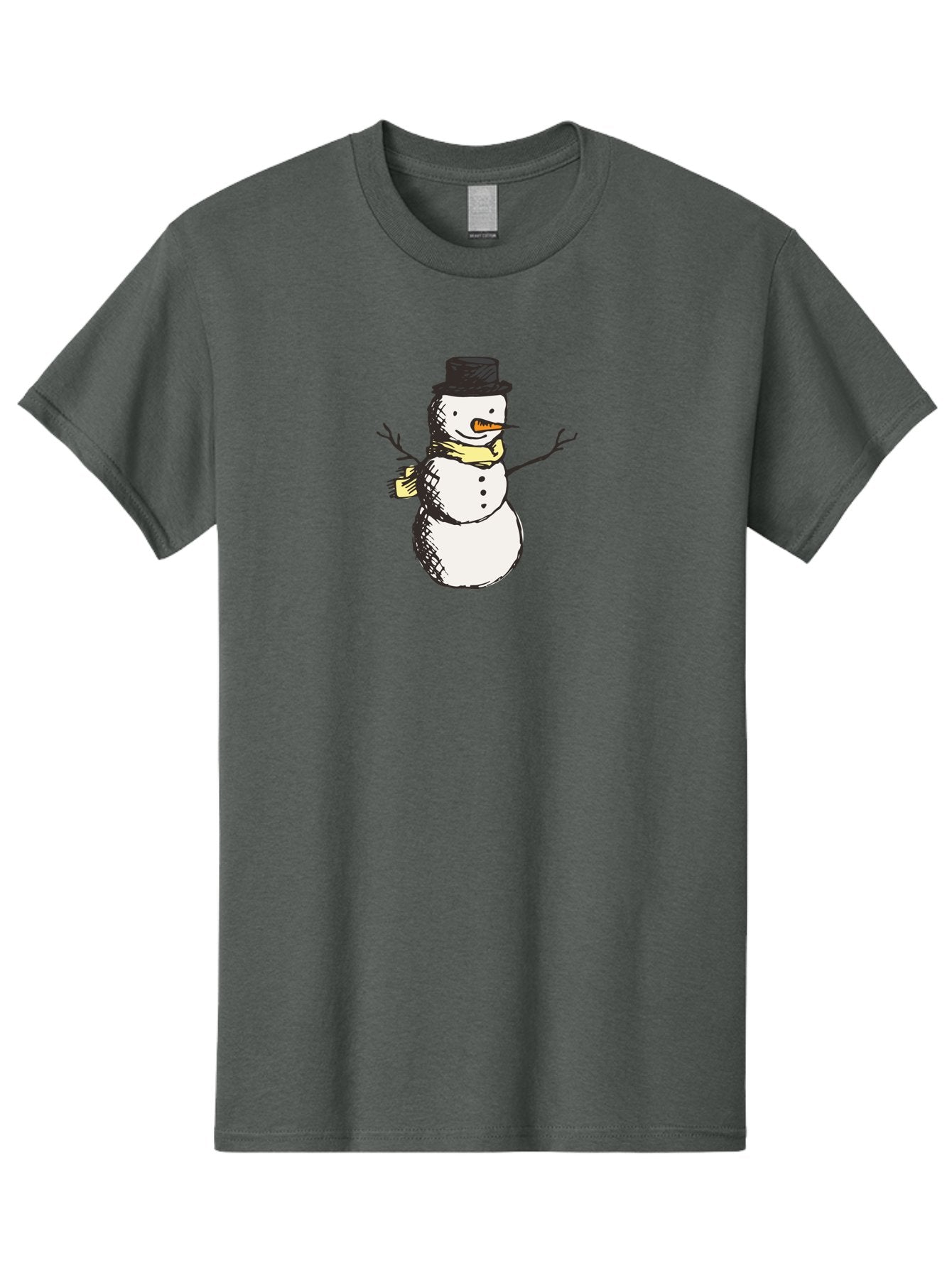 Smiling-Snowman Men'S Graphic Tee, 100% Cotton, Comfortable Casual Summer Wear, Machine Washable, Cartoon Snowman, Winter Character, Top Hat, Yellow Scarf, Carrot Nose, Stick Arms, Winter Fun, Festive Figure, Holiday Cheer, Aab110 7