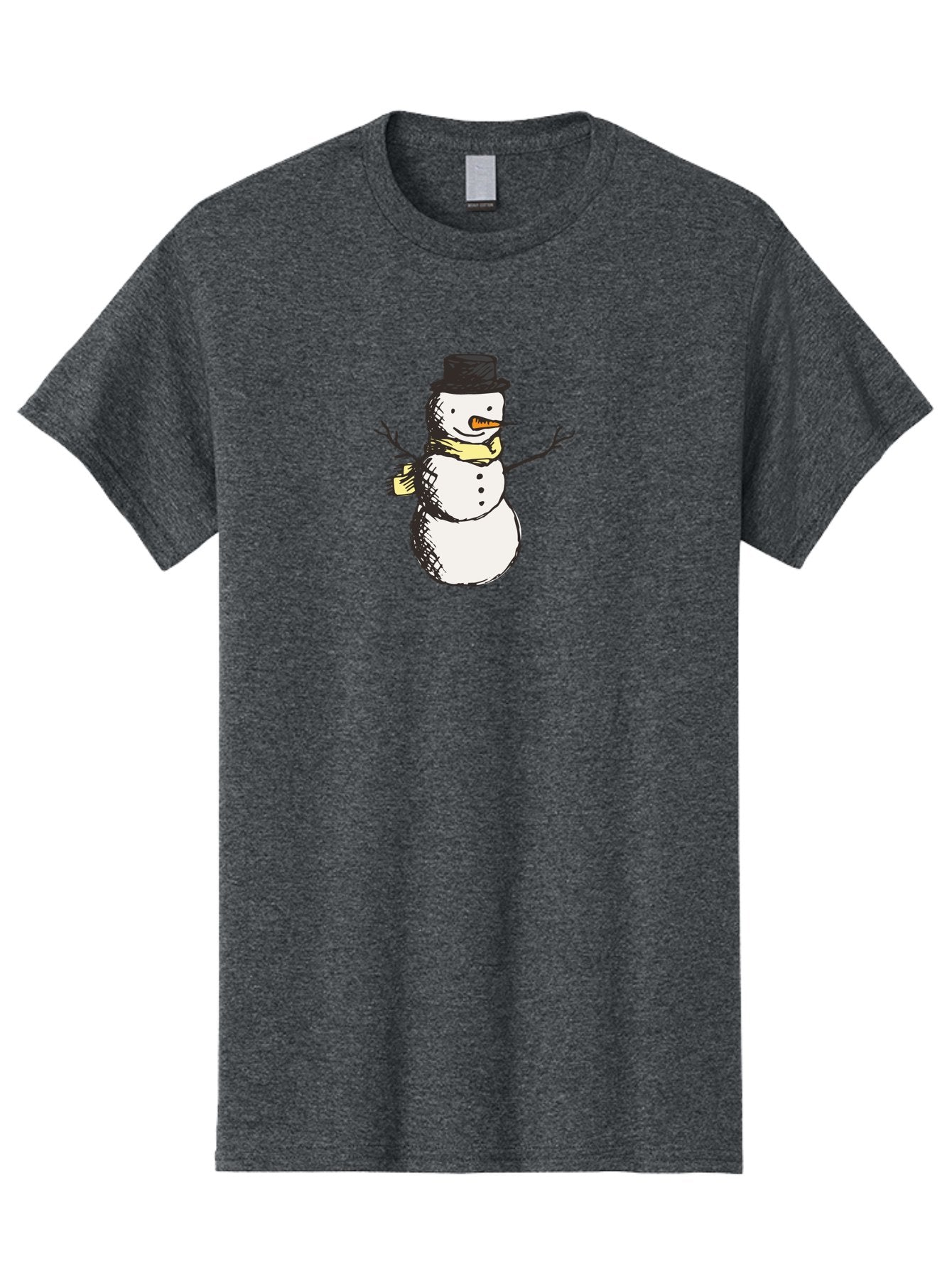 Smiling-Snowman Men'S Graphic Tee, 100% Cotton, Comfortable Casual Summer Wear, Machine Washable, Cartoon Snowman, Winter Character, Top Hat, Yellow Scarf, Carrot Nose, Stick Arms, Winter Fun, Festive Figure, Holiday Cheer, Aab110 9