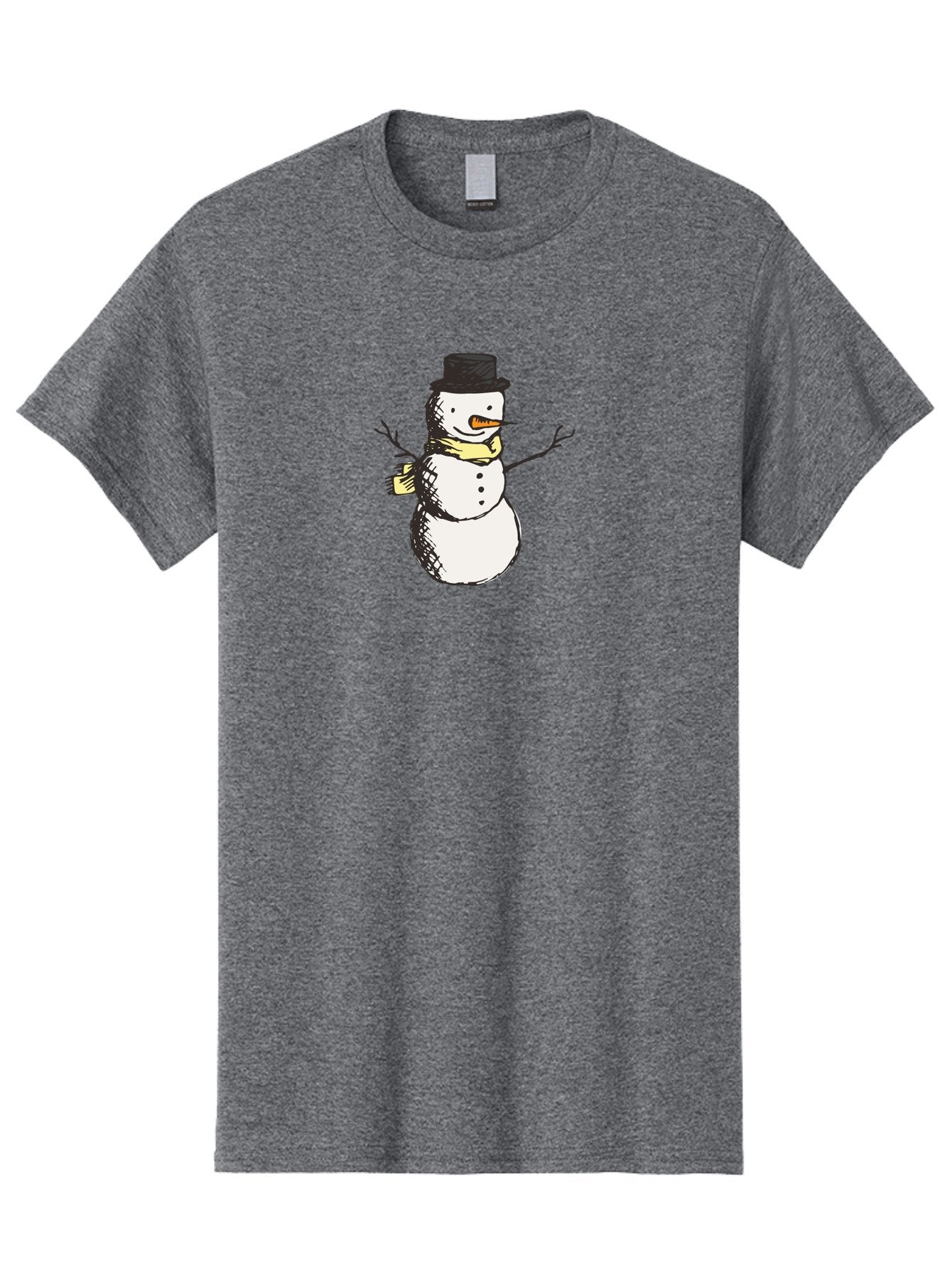 Smiling-Snowman Men'S Graphic Tee, 100% Cotton, Comfortable Casual Summer Wear, Machine Washable, Cartoon Snowman, Winter Character, Top Hat, Yellow Scarf, Carrot Nose, Stick Arms, Winter Fun, Festive Figure, Holiday Cheer, Aab110
