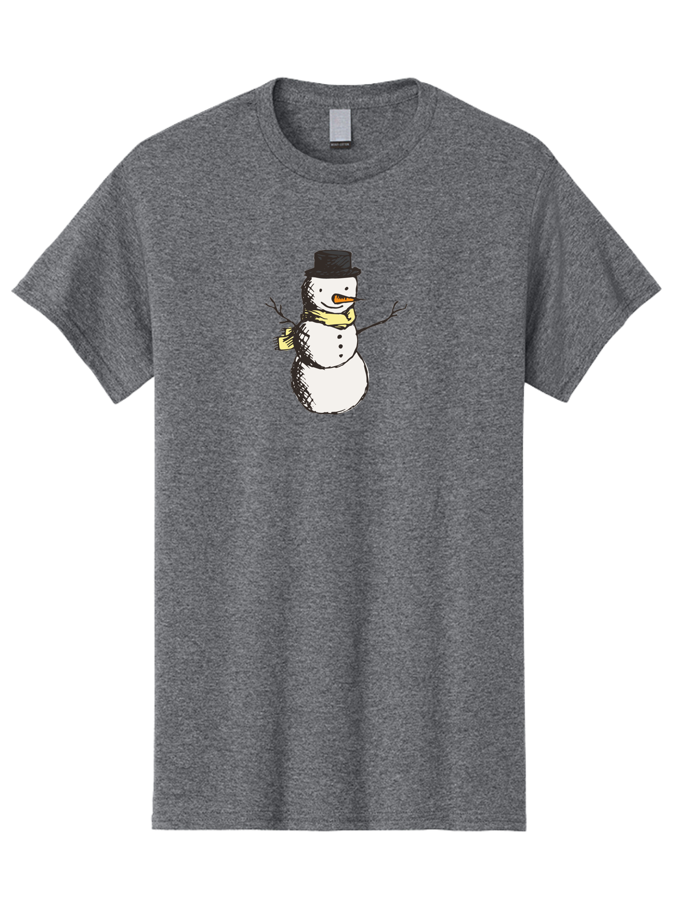 Smiling-Snowman Men'S Graphic Tee, 100% Cotton, Comfortable Casual Summer Wear, Machine Washable, Cartoon Snowman, Winter Character, Top Hat, Yellow Scarf, Carrot Nose, Stick Arms, Winter Fun, Festive Figure, Holiday Cheer, Aab110 9
