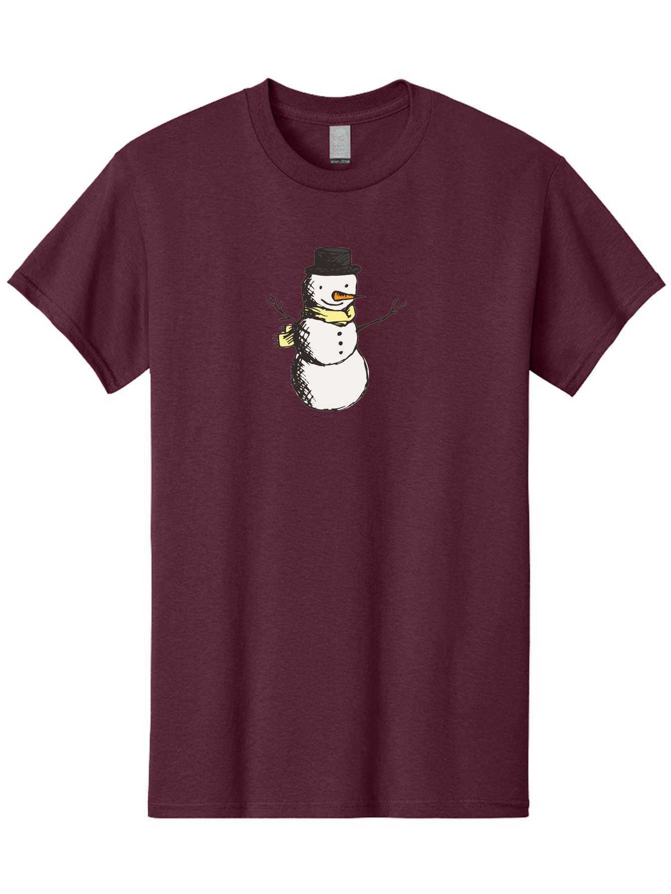 Smiling-Snowman Men'S Graphic Tee, 100% Cotton, Comfortable Casual Summer Wear, Machine Washable, Cartoon Snowman, Winter Character, Top Hat, Yellow Scarf, Carrot Nose, Stick Arms, Winter Fun, Festive Figure, Holiday Cheer, Aab110 13