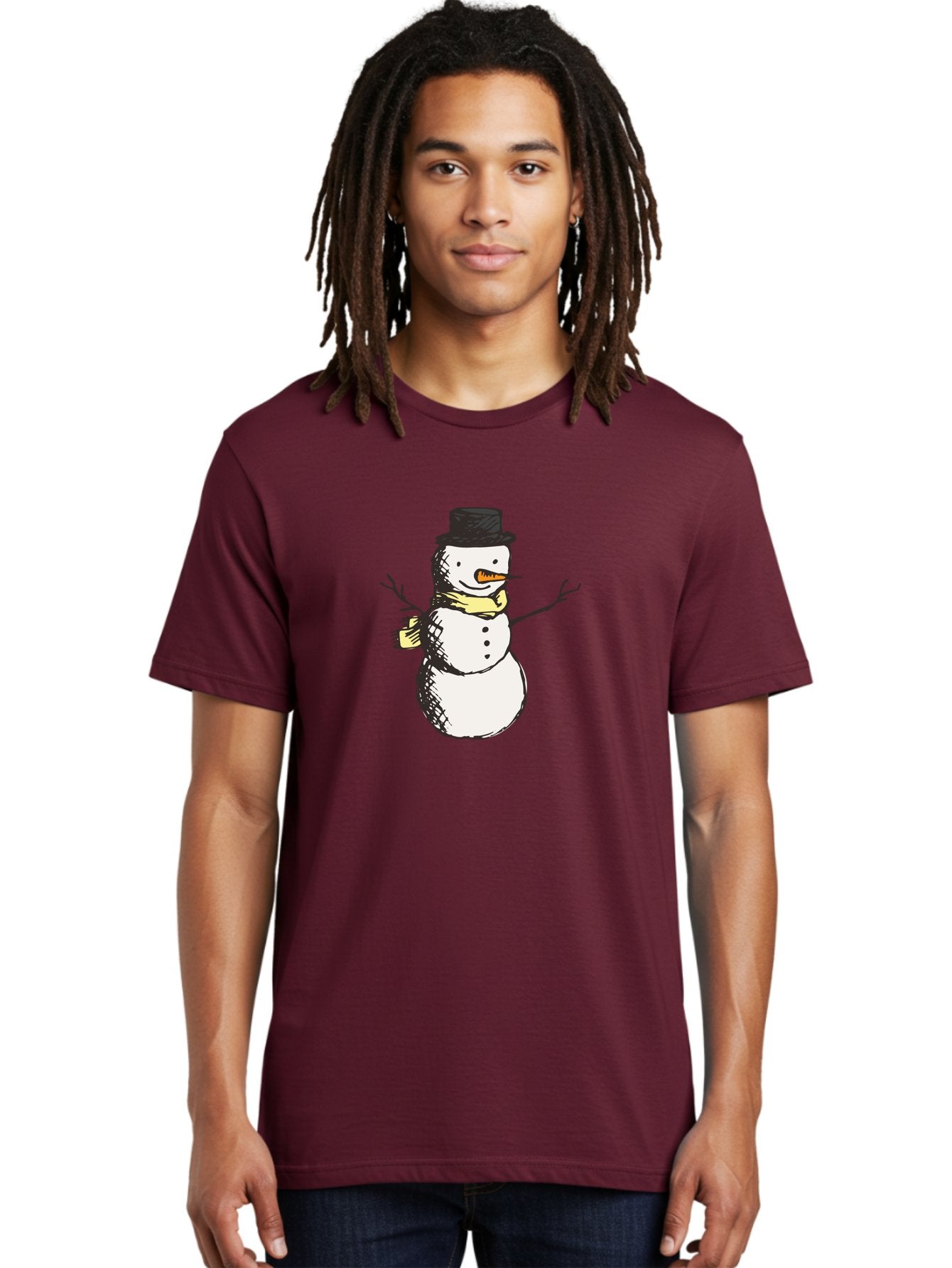 Smiling-Snowman Men'S Graphic Tee, 100% Cotton, Comfortable Casual Summer Wear, Machine Washable, Cartoon Snowman, Winter Character, Top Hat, Yellow Scarf, Carrot Nose, Stick Arms, Winter Fun, Festive Figure, Holiday Cheer, Aab110 29