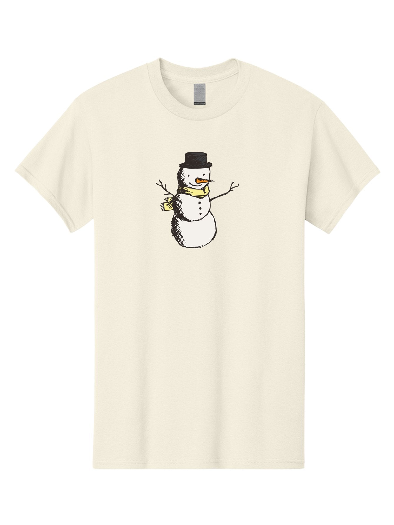 Smiling-Snowman Men'S Graphic Tee, 100% Cotton, Comfortable Casual Summer Wear, Machine Washable, Cartoon Snowman, Winter Character, Top Hat, Yellow Scarf, Carrot Nose, Stick Arms, Winter Fun, Festive Figure, Holiday Cheer, Aab110 10