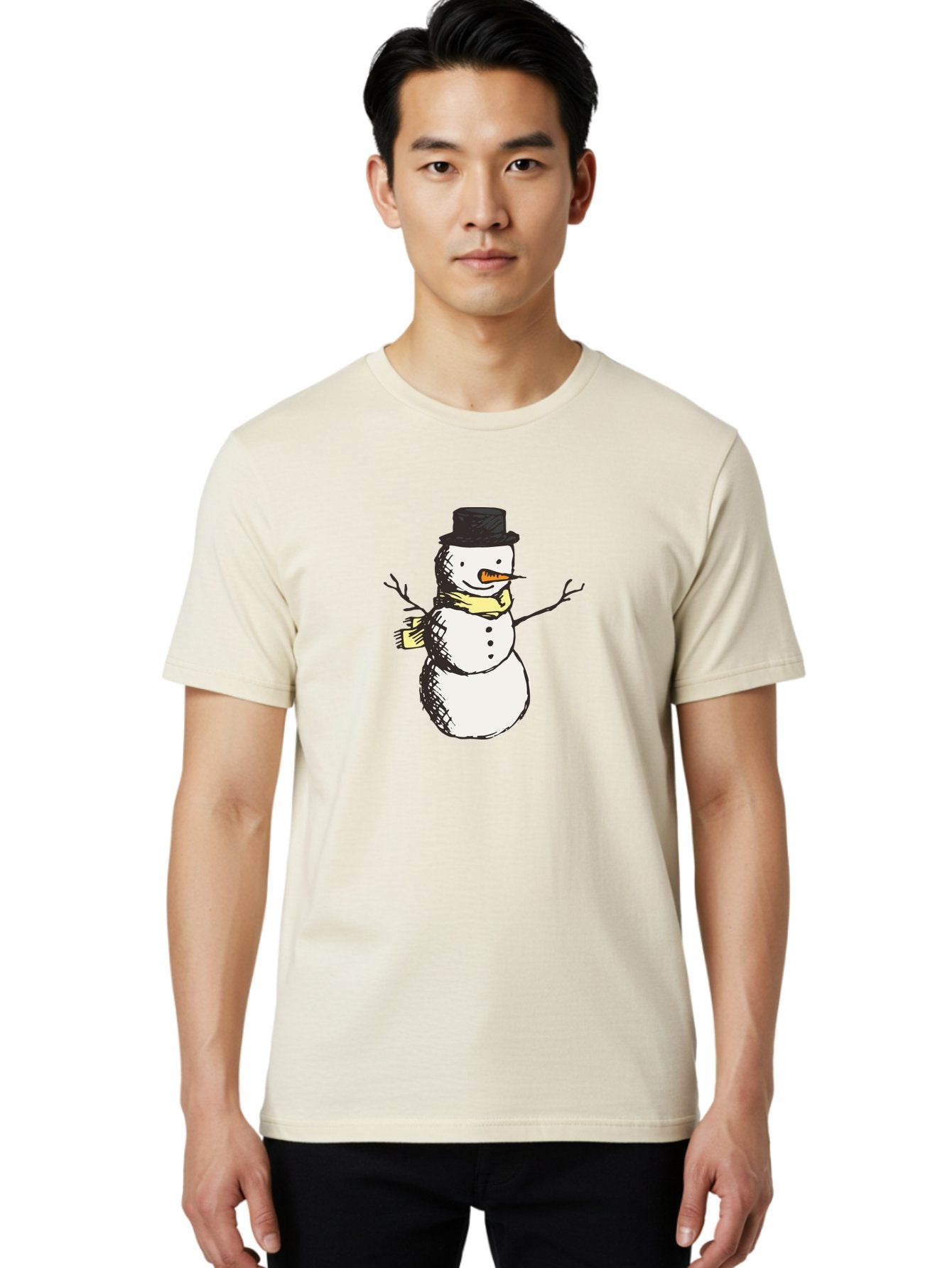 Smiling-Snowman Men'S Graphic Tee, 100% Cotton, Comfortable Casual Summer Wear, Machine Washable, Cartoon Snowman, Winter Character, Top Hat, Yellow Scarf, Carrot Nose, Stick Arms, Winter Fun, Festive Figure, Holiday Cheer, Aab110 17