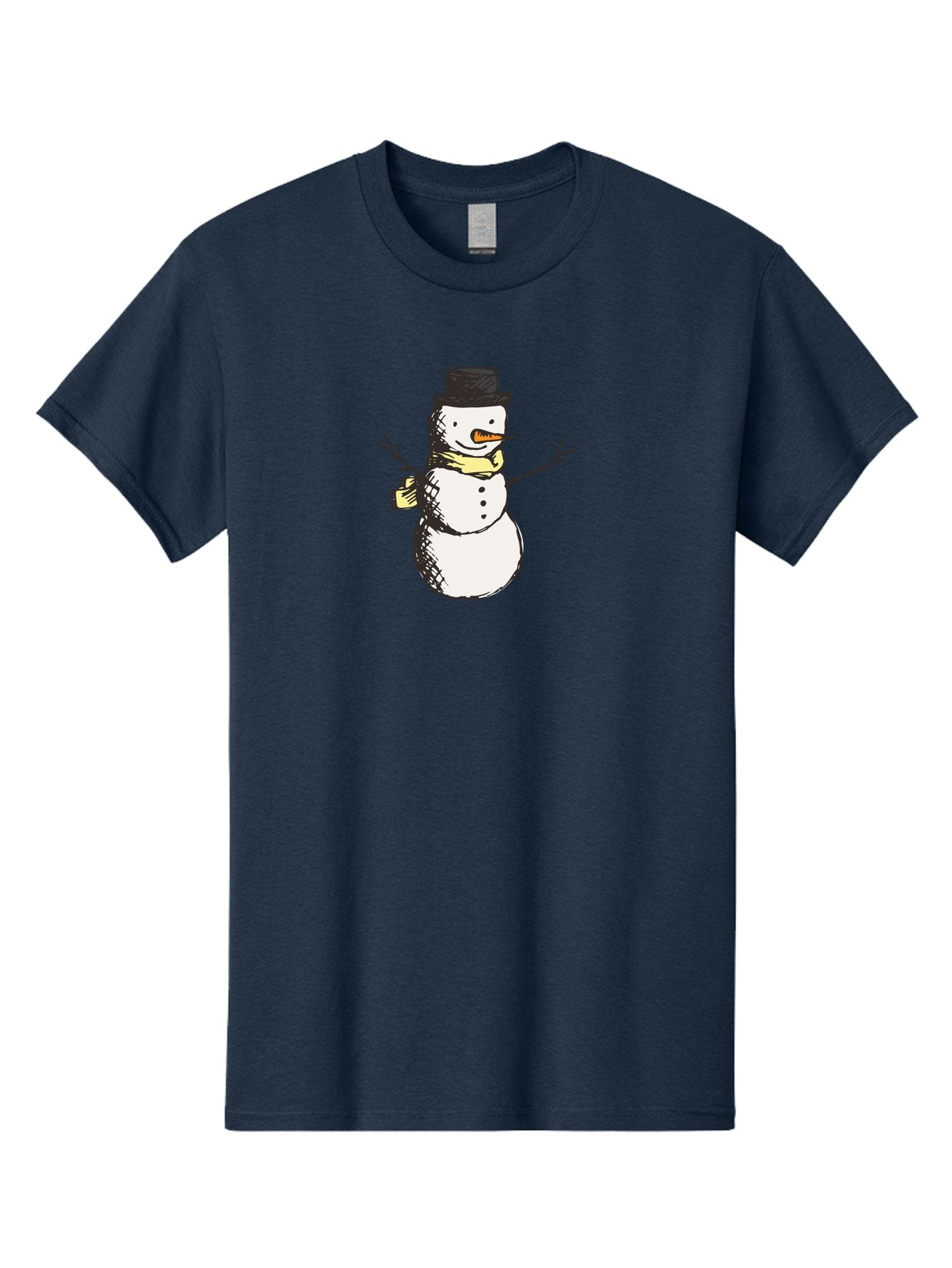 Smiling-Snowman Men'S Graphic Tee, 100% Cotton, Comfortable Casual Summer Wear, Machine Washable, Cartoon Snowman, Winter Character, Top Hat, Yellow Scarf, Carrot Nose, Stick Arms, Winter Fun, Festive Figure, Holiday Cheer, Aab110 3