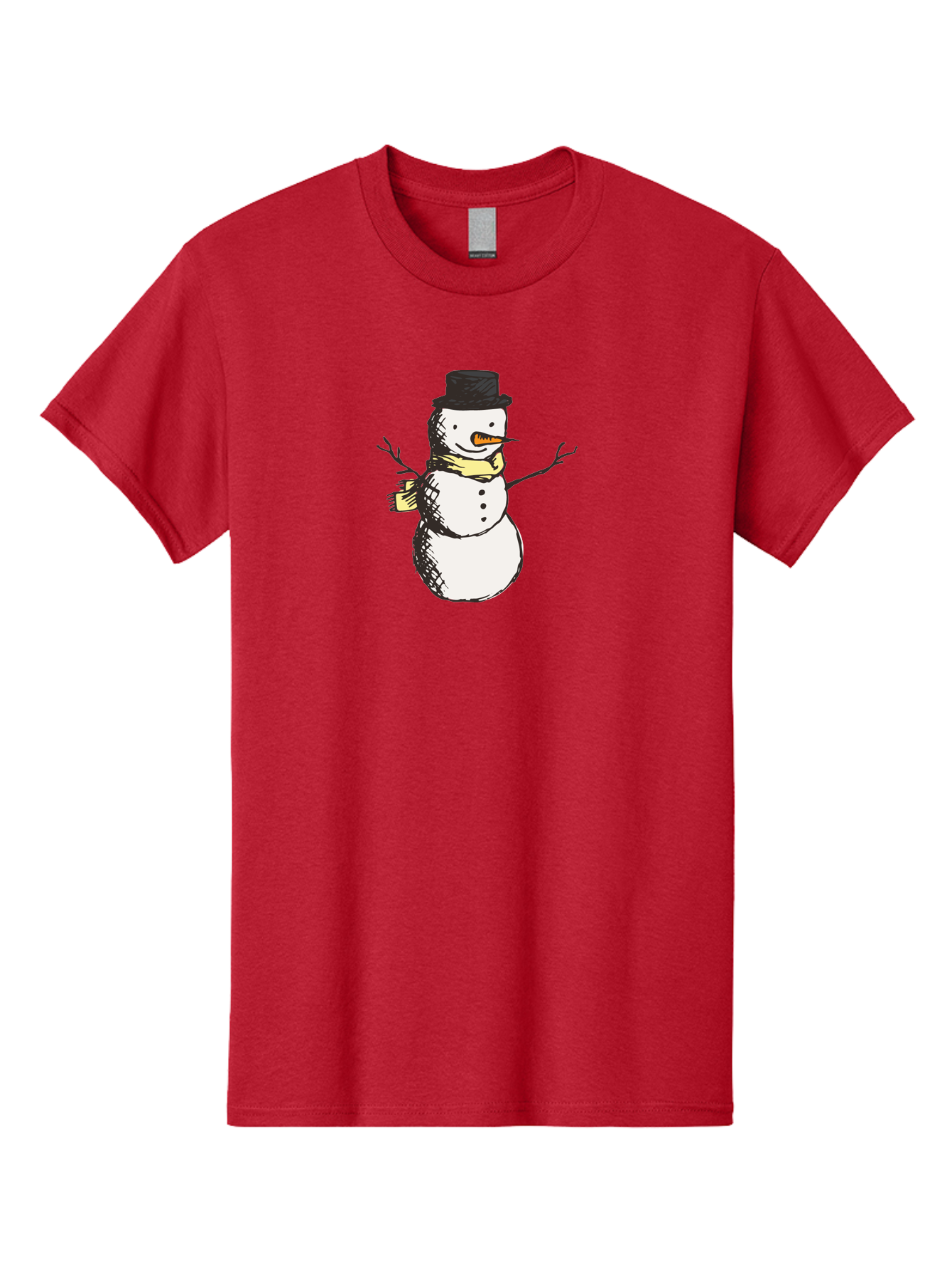 Smiling-Snowman Men'S Graphic Tee, 100% Cotton, Comfortable Casual Summer Wear, Machine Washable, Cartoon Snowman, Winter Character, Top Hat, Yellow Scarf, Carrot Nose, Stick Arms, Winter Fun, Festive Figure, Holiday Cheer, Aab110 23