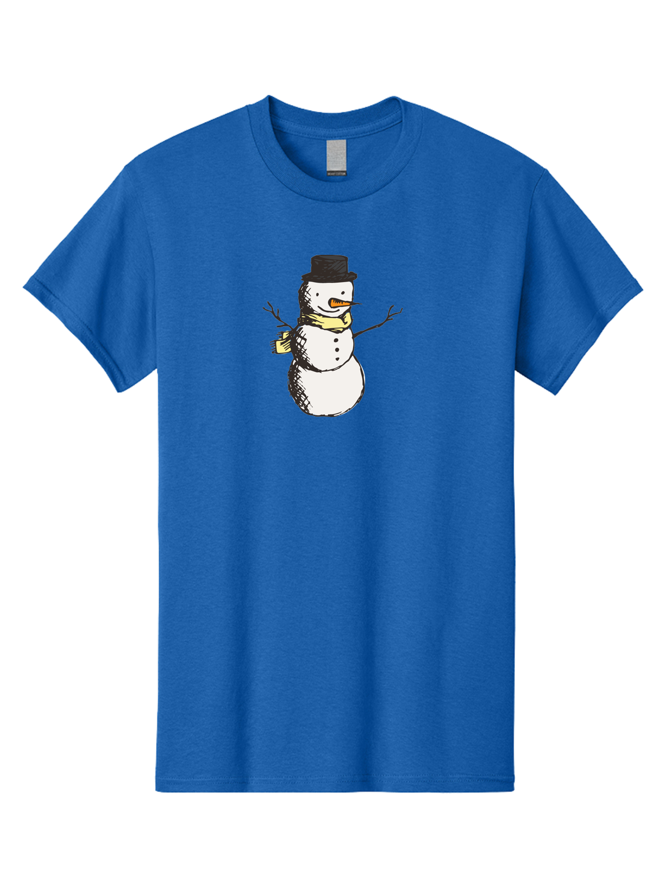 Smiling-Snowman Men'S Graphic Tee, 100% Cotton, Comfortable Casual Summer Wear, Machine Washable, Cartoon Snowman, Winter Character, Top Hat, Yellow Scarf, Carrot Nose, Stick Arms, Winter Fun, Festive Figure, Holiday Cheer, Aab110 25