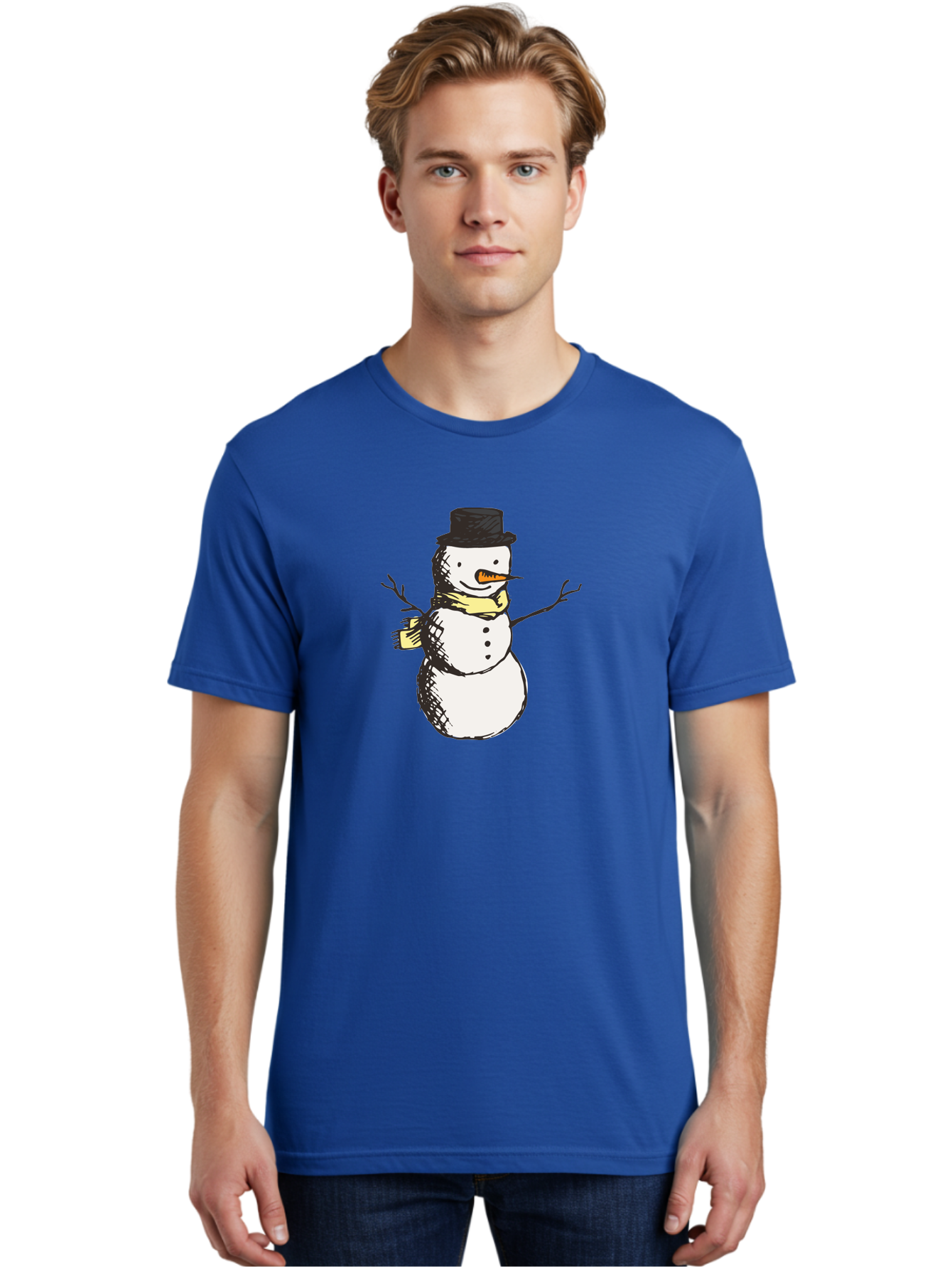 Smiling-Snowman Men'S Graphic Tee, 100% Cotton, Comfortable Casual Summer Wear, Machine Washable, Cartoon Snowman, Winter Character, Top Hat, Yellow Scarf, Carrot Nose, Stick Arms, Winter Fun, Festive Figure, Holiday Cheer, Aab110 26