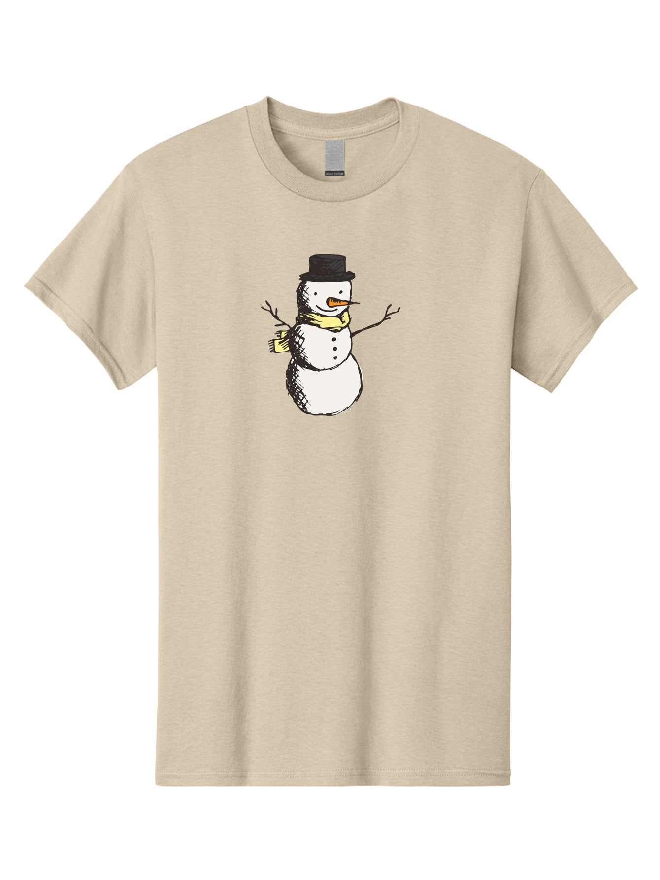 Smiling-Snowman Men'S Graphic Tee, 100% Cotton, Comfortable Casual Summer Wear, Machine Washable, Cartoon Snowman, Winter Character, Top Hat, Yellow Scarf, Carrot Nose, Stick Arms, Winter Fun, Festive Figure, Holiday Cheer, Aab110 6