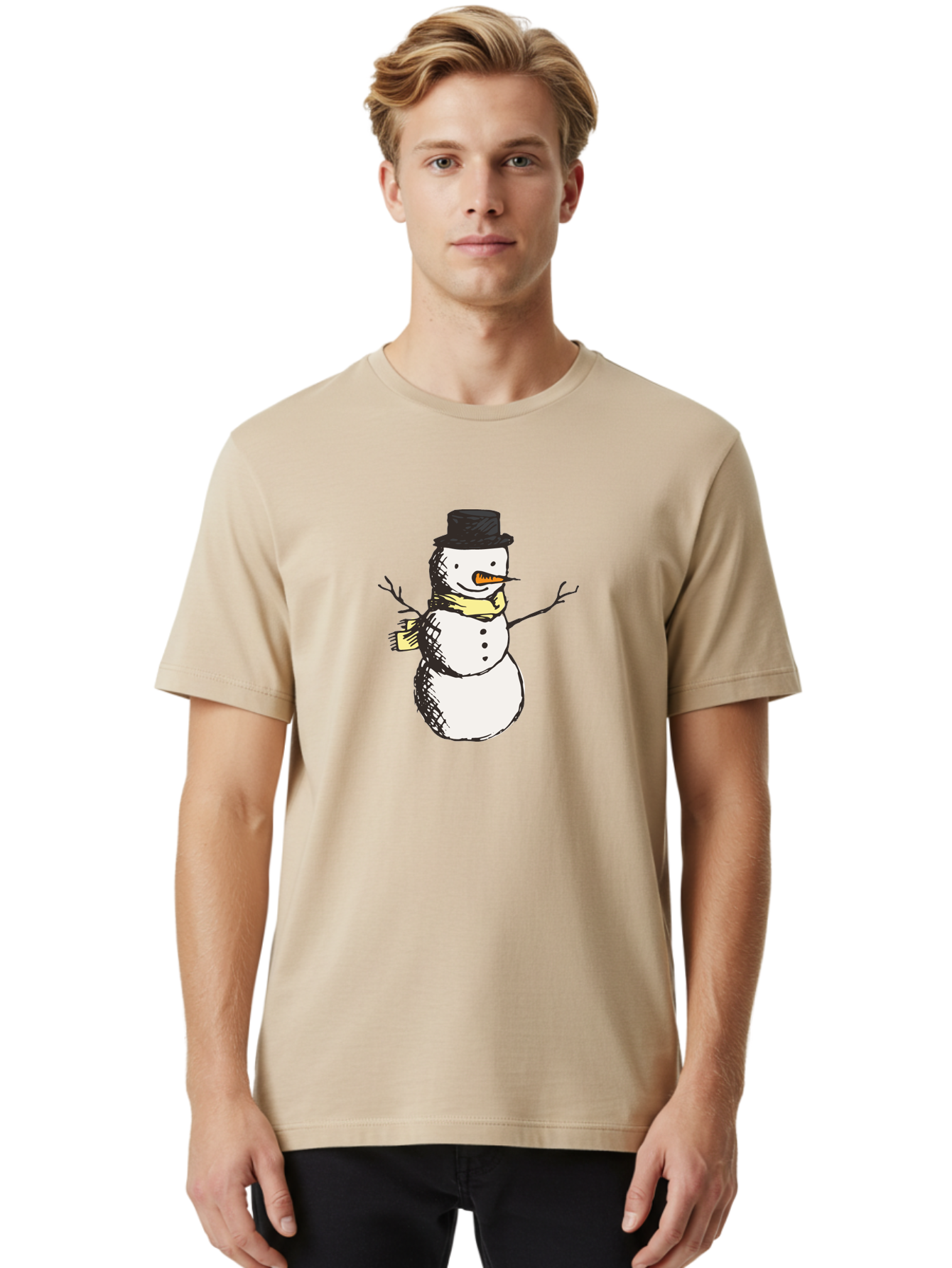Smiling-Snowman Men'S Graphic Tee, 100% Cotton, Comfortable Casual Summer Wear, Machine Washable, Cartoon Snowman, Winter Character, Top Hat, Yellow Scarf, Carrot Nose, Stick Arms, Winter Fun, Festive Figure, Holiday Cheer, Aab110 28