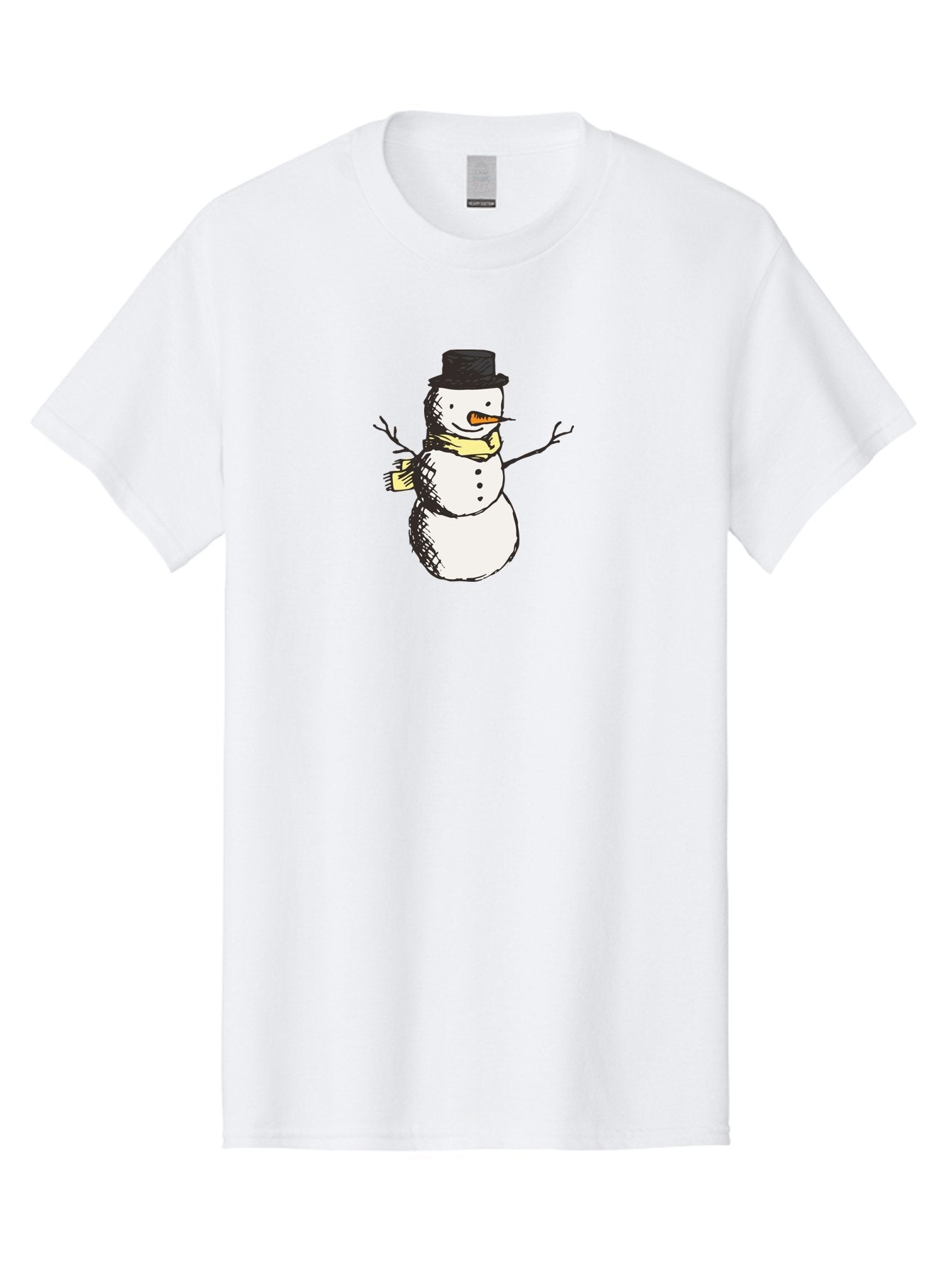 Smiling-Snowman Men'S Graphic Tee, 100% Cotton, Comfortable Casual Summer Wear, Machine Washable, Cartoon Snowman, Winter Character, Top Hat, Yellow Scarf, Carrot Nose, Stick Arms, Winter Fun, Festive Figure, Holiday Cheer, Aab110 11