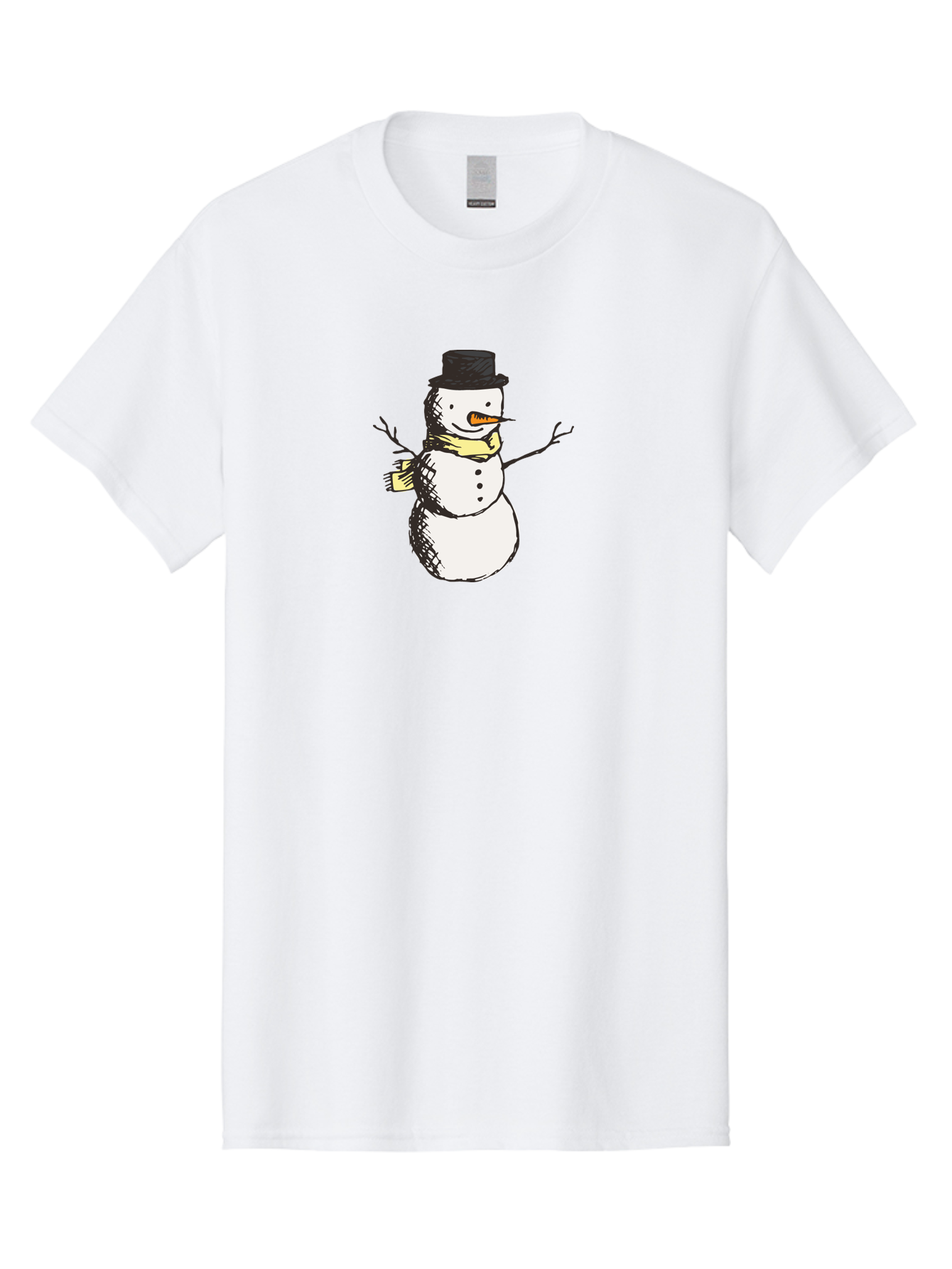Smiling-Snowman Men'S Graphic Tee, 100% Cotton, Comfortable Casual Summer Wear, Machine Washable, Cartoon Snowman, Winter Character, Top Hat, Yellow Scarf, Carrot Nose, Stick Arms, Winter Fun, Festive Figure, Holiday Cheer, Aab110 29