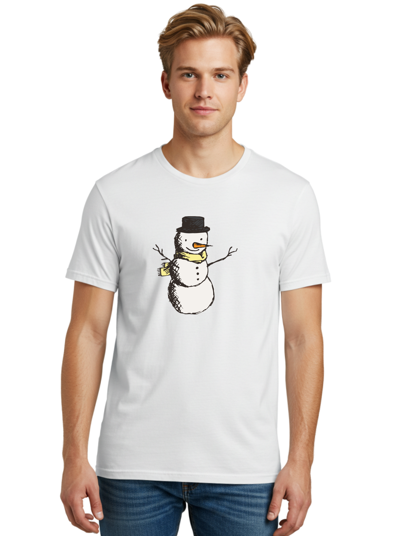 Smiling-Snowman Men'S Graphic Tee, 100% Cotton, Comfortable Casual Summer Wear, Machine Washable, Cartoon Snowman, Winter Character, Top Hat, Yellow Scarf, Carrot Nose, Stick Arms, Winter Fun, Festive Figure, Holiday Cheer, Aab110 30