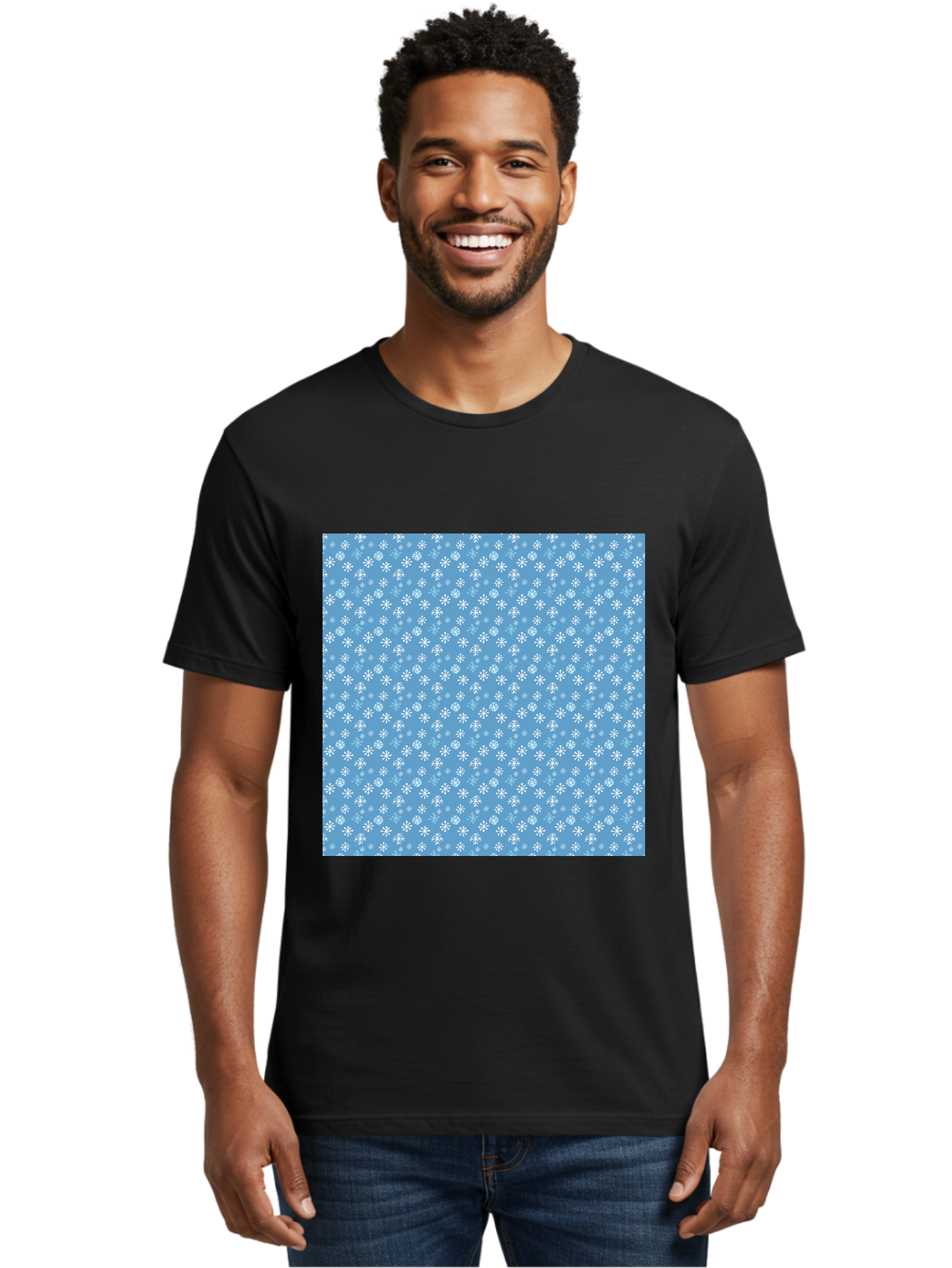 Snowflake-Pattern Men'S Graphic Tee, 100% Cotton, Comfortable Casual Summer Wear, Machine Washable, Snowflakes Pattern, White Snowflakes, Blue Background, Winter Theme, Festive Design, Delicate Snowflakes, Intricate Patterns, Holiday Decor, Aab121 24