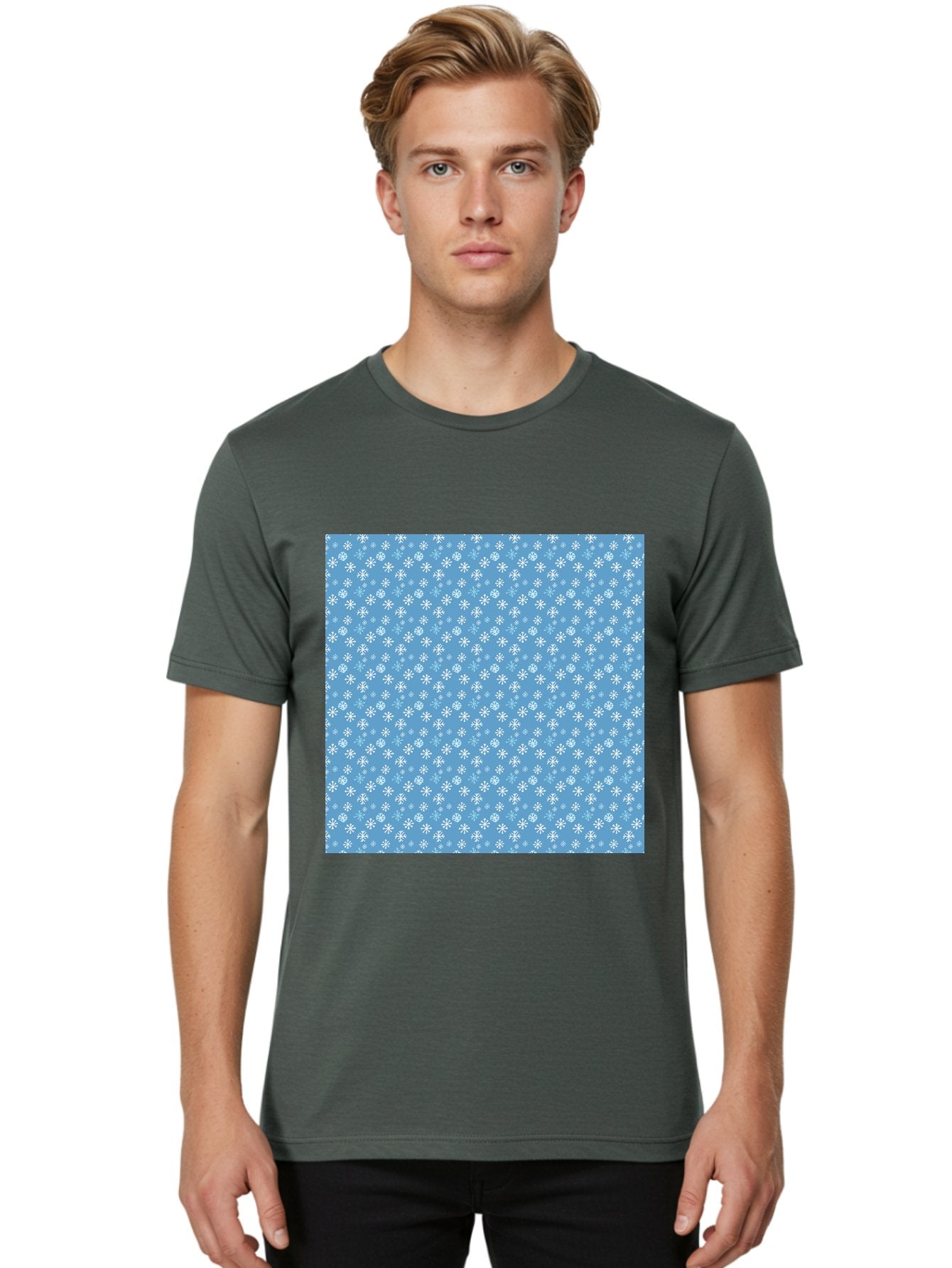 Snowflake-Pattern Men'S Graphic Tee, 100% Cotton, Comfortable Casual Summer Wear, Machine Washable, Snowflakes Pattern, White Snowflakes, Blue Background, Winter Theme, Festive Design, Delicate Snowflakes, Intricate Patterns, Holiday Decor, Aab121 24