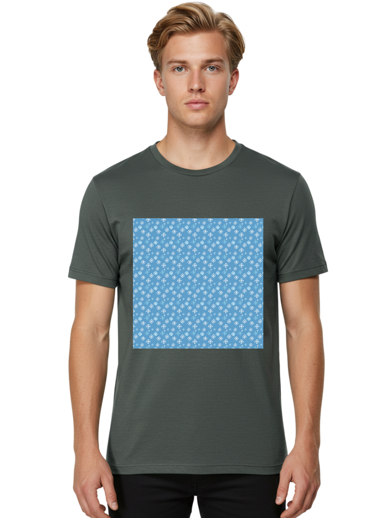 Snowflake-Pattern Men'S Graphic Tee, 100% Cotton, Comfortable Casual Summer Wear, Machine Washable, Snowflakes Pattern, White Snowflakes, Blue Background, Winter Theme, Festive Design, Delicate Snowflakes, Intricate Patterns, Holiday Decor, Aab121 14