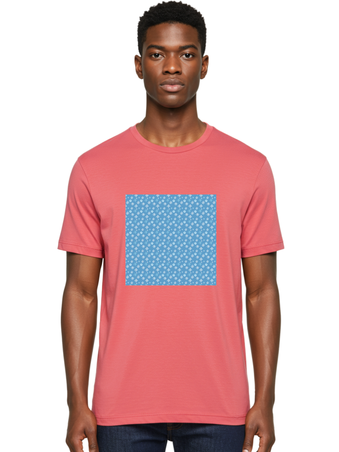 Snowflake-Pattern Men'S Graphic Tee, 100% Cotton, Comfortable Casual Summer Wear, Machine Washable, Snowflakes Pattern, White Snowflakes, Blue Background, Winter Theme, Festive Design, Delicate Snowflakes, Intricate Patterns, Holiday Decor, Aab121 26