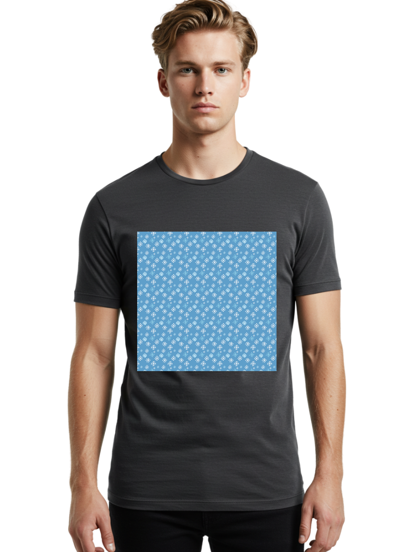 Snowflake-Pattern Men'S Graphic Tee, 100% Cotton, Comfortable Casual Summer Wear, Machine Washable, Snowflakes Pattern, White Snowflakes, Blue Background, Winter Theme, Festive Design, Delicate Snowflakes, Intricate Patterns, Holiday Decor, Aab121 16
