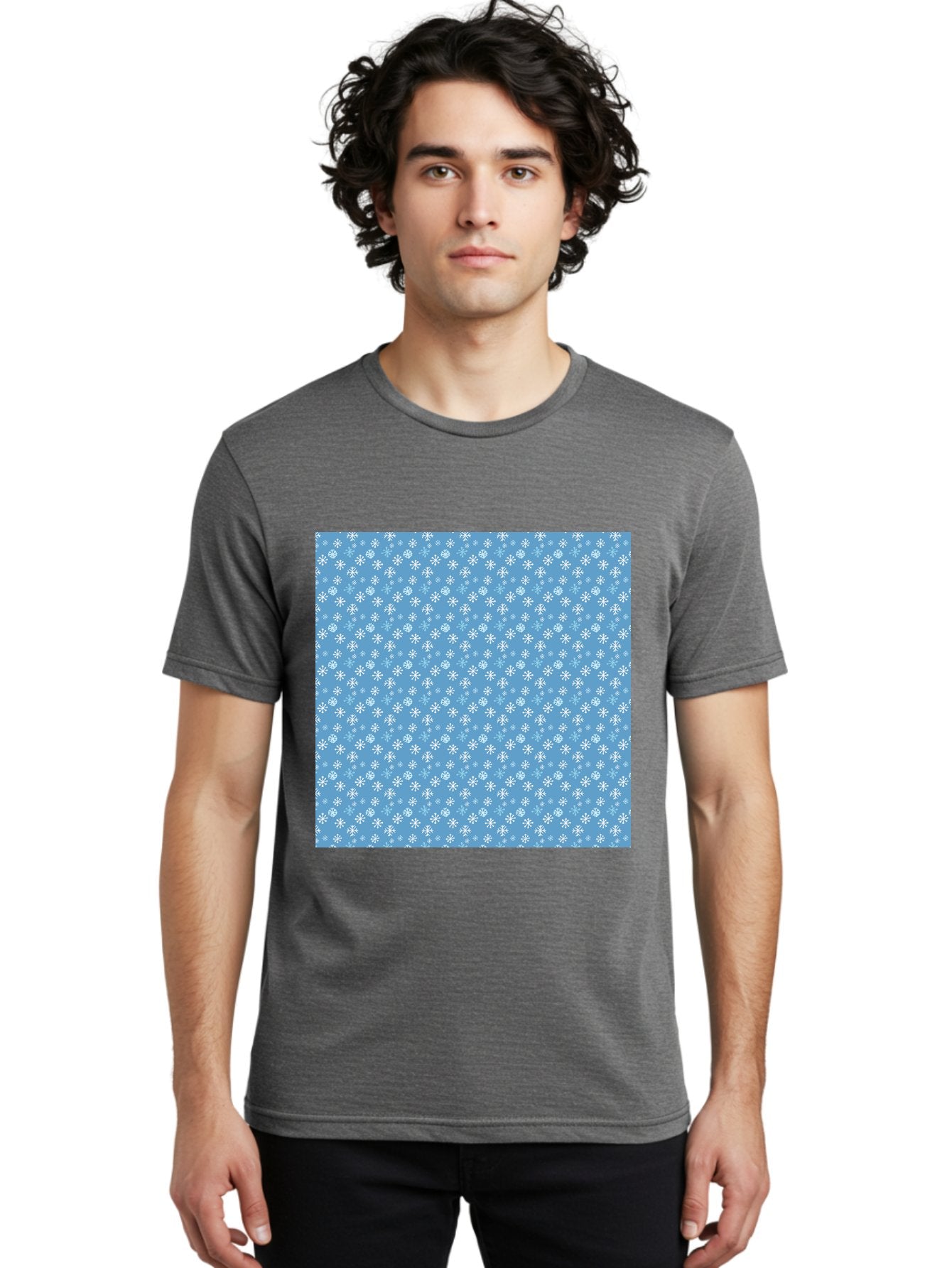 Snowflake-Pattern Men'S Graphic Tee, 100% Cotton, Comfortable Casual Summer Wear, Machine Washable, Snowflakes Pattern, White Snowflakes, Blue Background, Winter Theme, Festive Design, Delicate Snowflakes, Intricate Patterns, Holiday Decor, Aab121 27