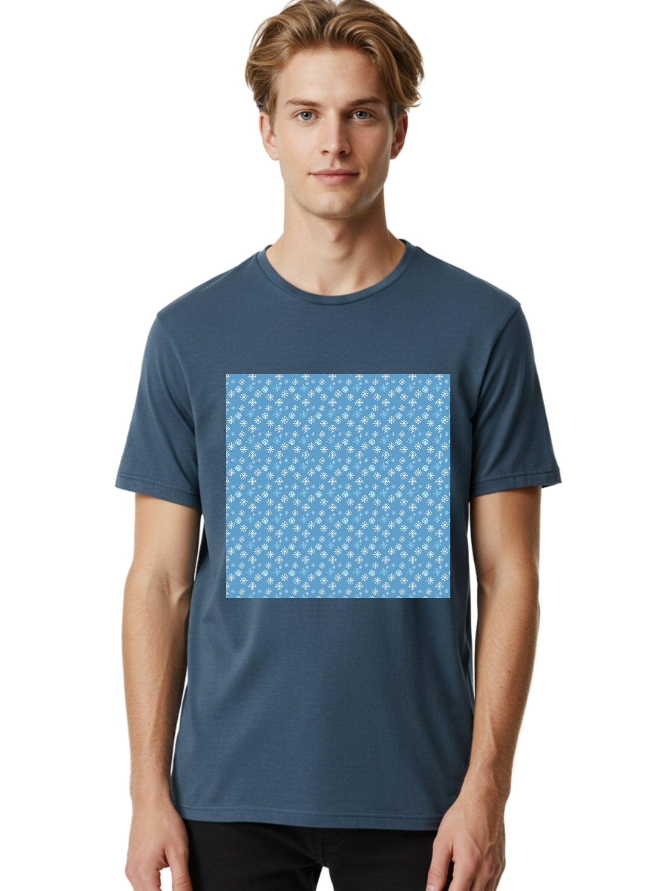 Snowflake-Pattern Men'S Graphic Tee, 100% Cotton, Comfortable Casual Summer Wear, Machine Washable, Snowflakes Pattern, White Snowflakes, Blue Background, Winter Theme, Festive Design, Delicate Snowflakes, Intricate Patterns, Holiday Decor, Aab121 22