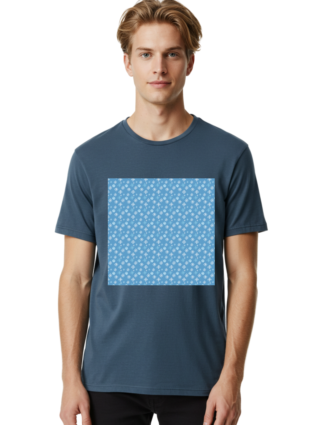 Snowflake-Pattern Men'S Graphic Tee, 100% Cotton, Comfortable Casual Summer Wear, Machine Washable, Snowflakes Pattern, White Snowflakes, Blue Background, Winter Theme, Festive Design, Delicate Snowflakes, Intricate Patterns, Holiday Decor, Aab121 18