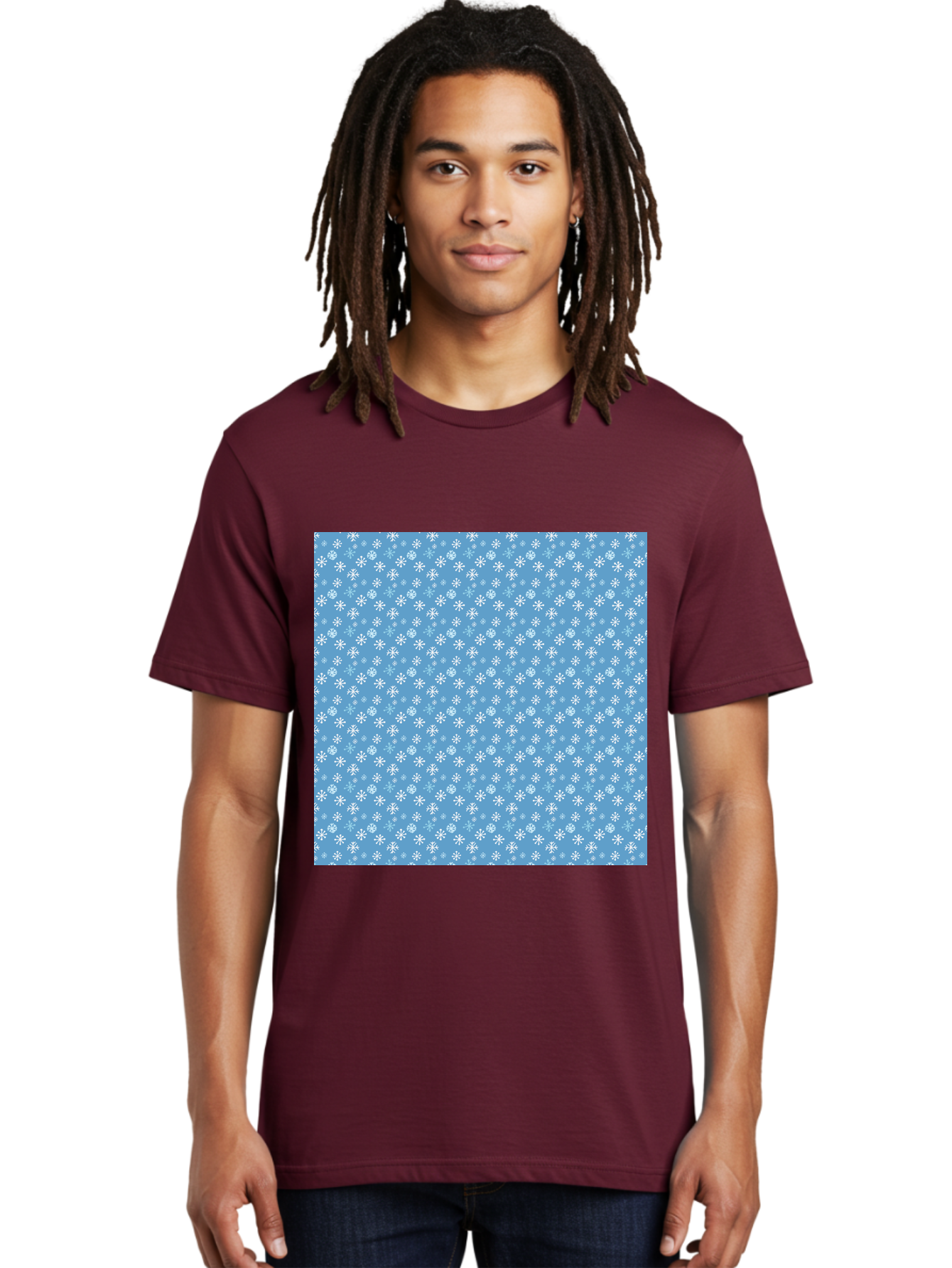 Snowflake-Pattern Men'S Graphic Tee, 100% Cotton, Comfortable Casual Summer Wear, Machine Washable, Snowflakes Pattern, White Snowflakes, Blue Background, Winter Theme, Festive Design, Delicate Snowflakes, Intricate Patterns, Holiday Decor, Aab121 28